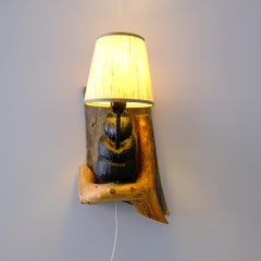 Organic Folk Art Wall Lamp, Hand Sculpted Wooden Bear, Eino Kypärä, Finland 1997