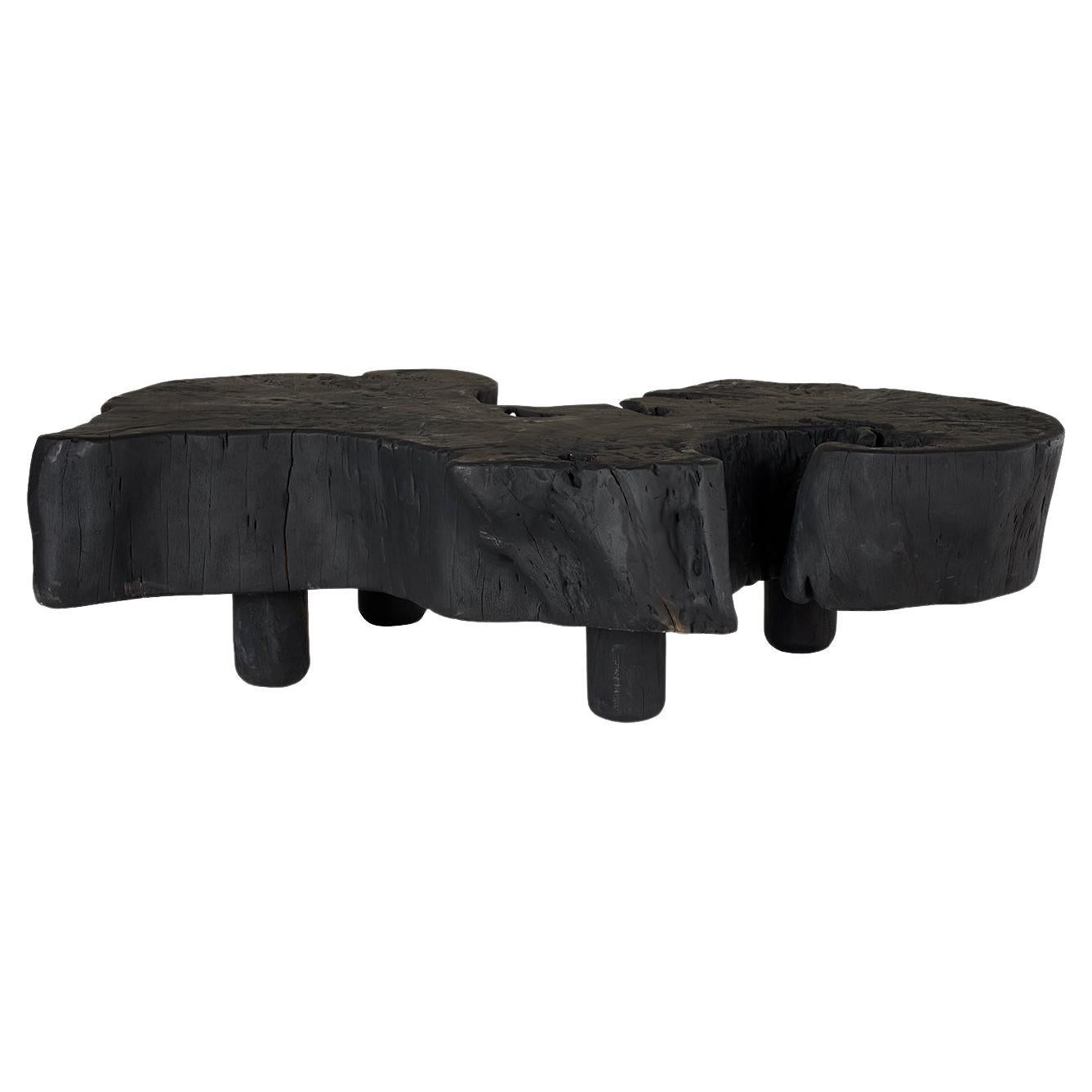 Organic Form Lychee Coffee Table Slab with Ebonized Black Sides and Red