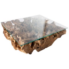 Organic Form Sculptural Teak Coffee Table with Star Fire Glass Top