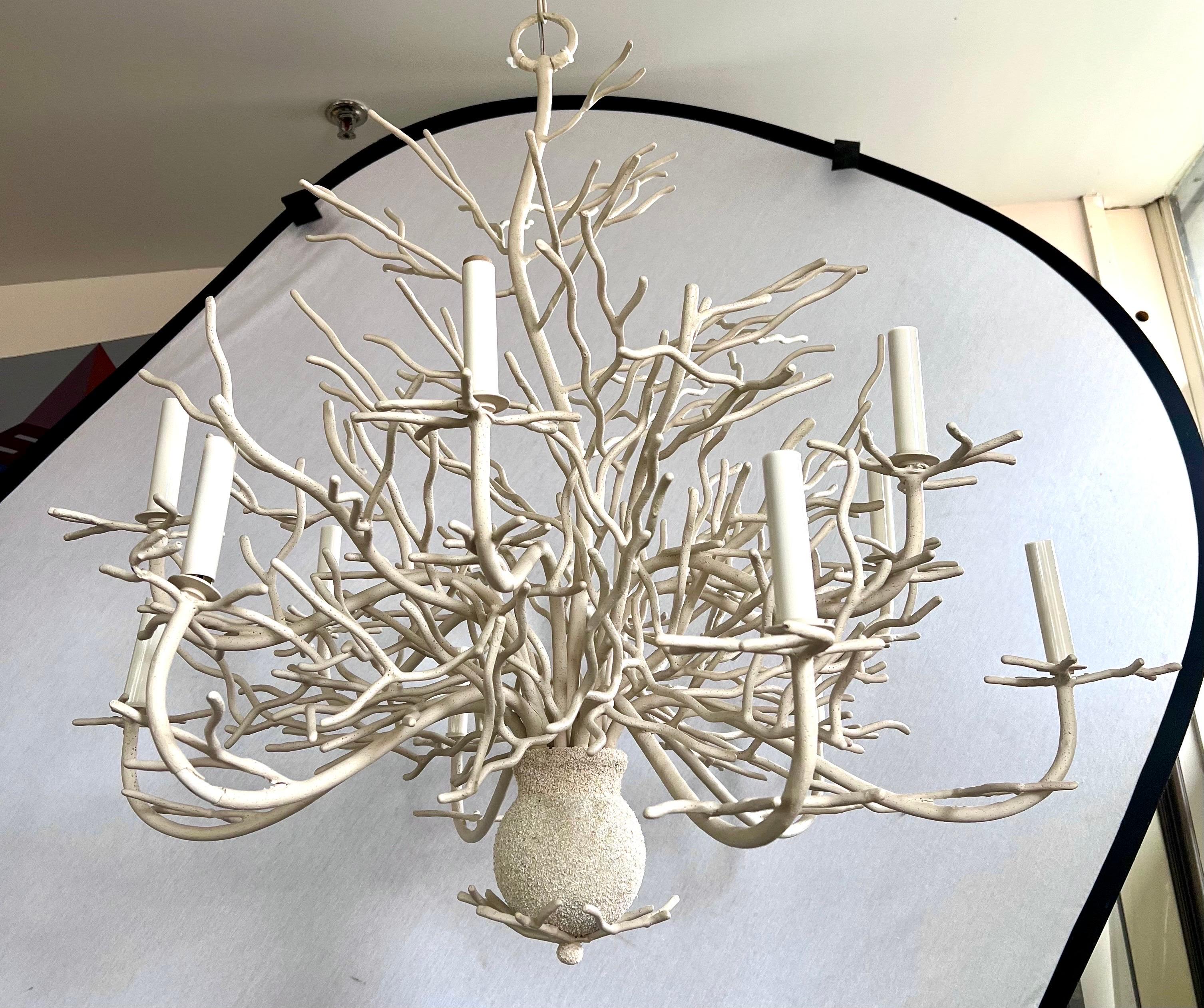 Made to look like sea coral, this large 12 light chandelier would look perfect in your beach side home. Still manufactured by Currey & Co. Shades can be purchased there
