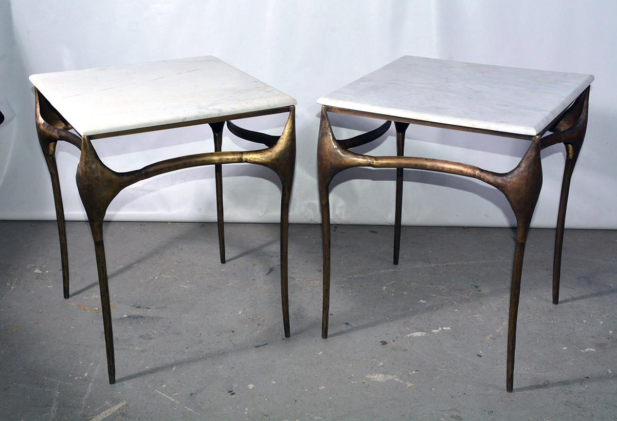 Wonderfully sculptural gold toned free-form expressive amorphic modernist side, end table or coffee table with white marble top.  Can also be used as bedside night table.