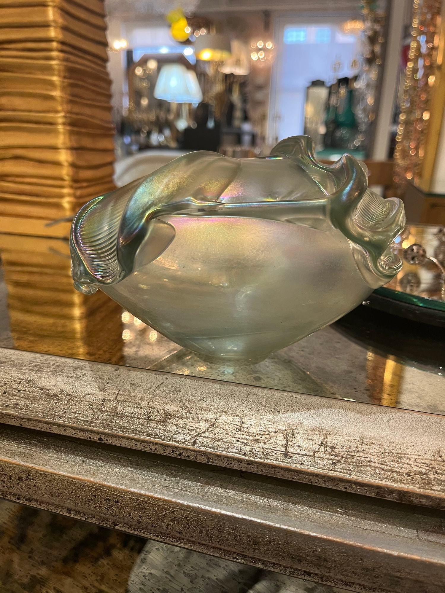 Hand-Carved Organic Freeform Floral Glass Vase in Iridescent Silver Tone For Sale