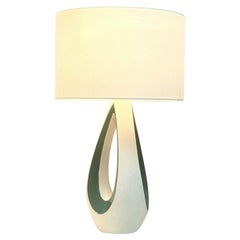 Organic French 1950's Table Lamp in White and Green Ceramic