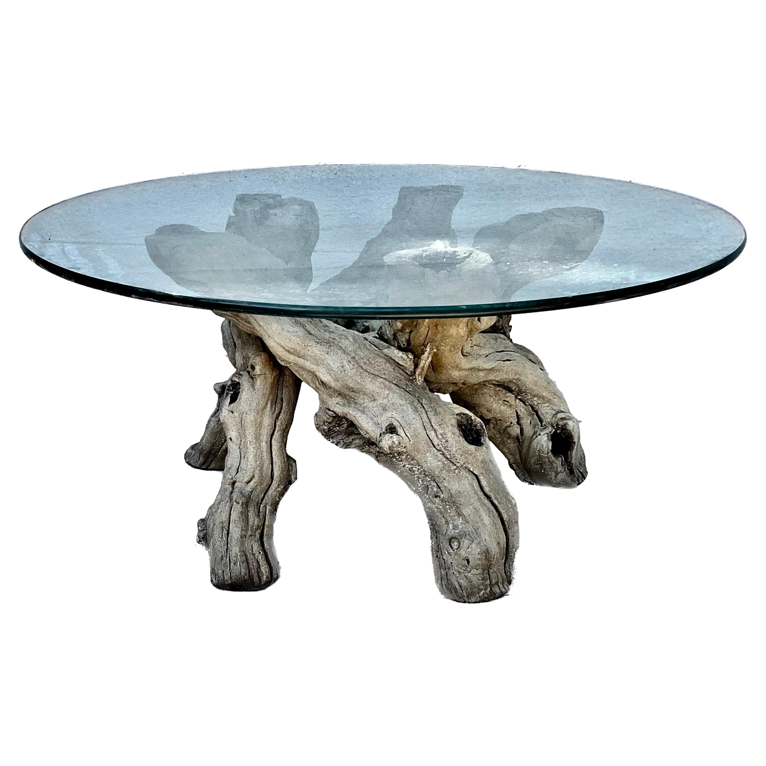 Organic Grape Vine Base Table With Round Glass Top For Sale