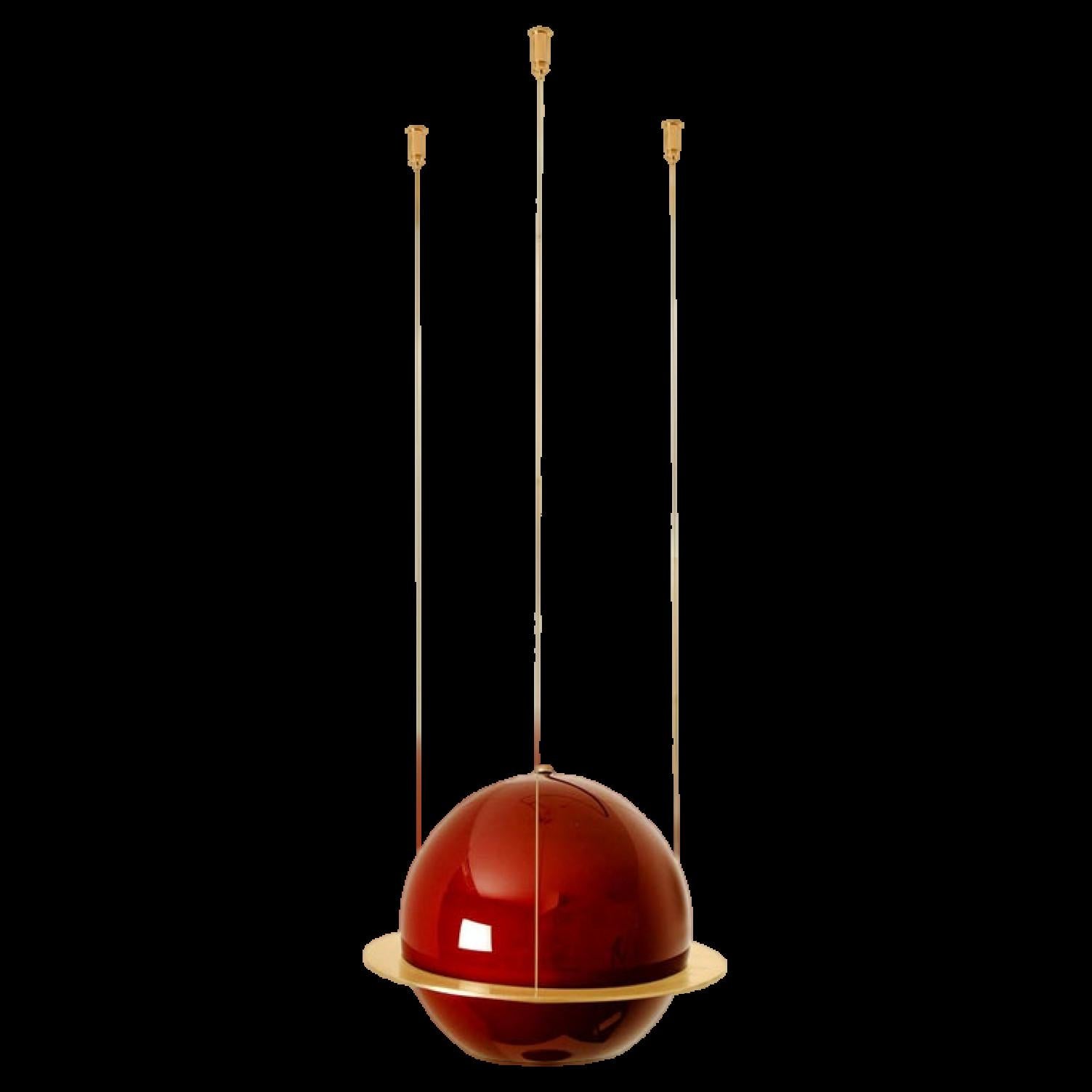 This model is a nod to the 1970s, yet has a distinctly modern allure.

The stunning hand blown light sphere is nestled in a massive brass frame and can shine in an upwards or downwards direction. The sphere also features a small hole, ensuring that
