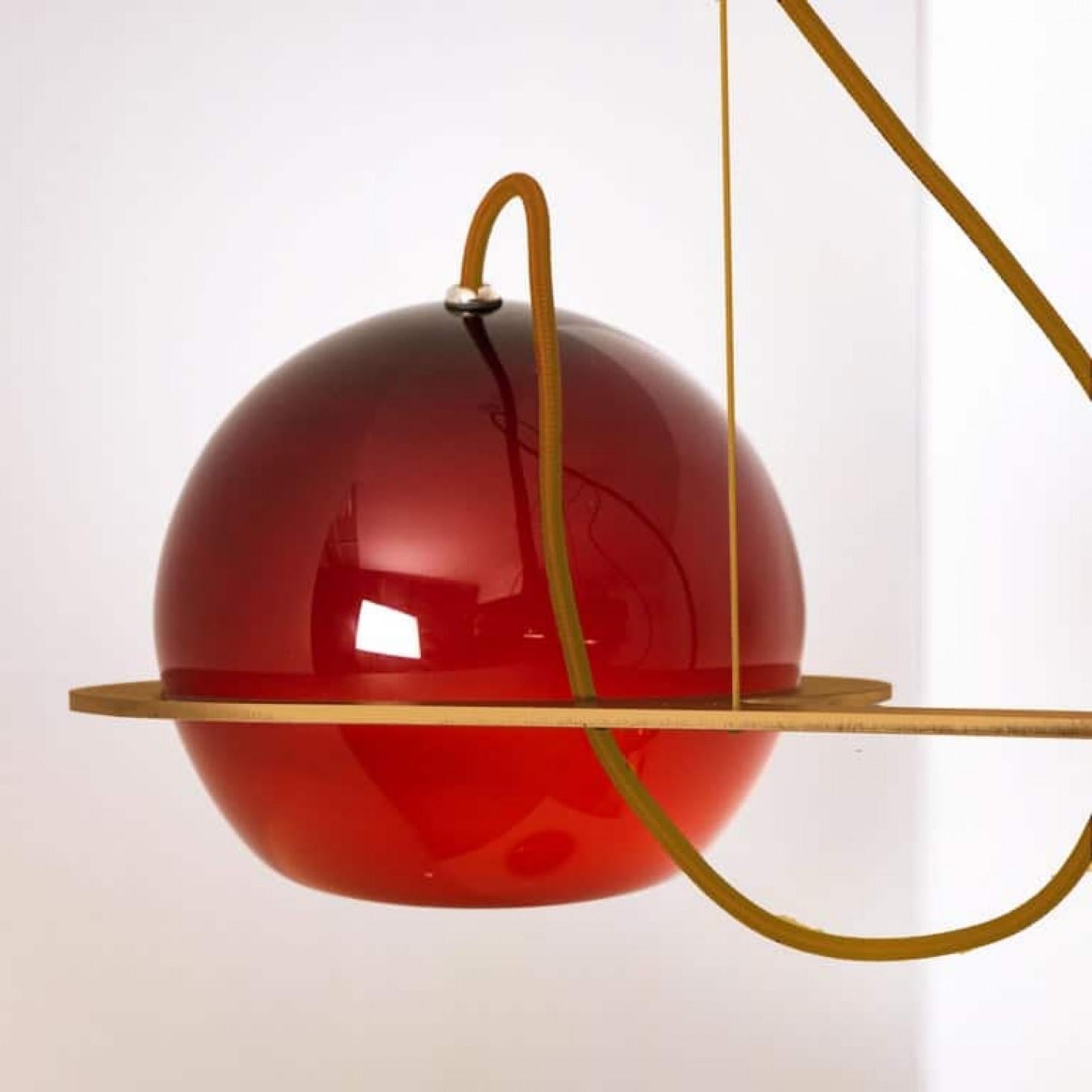 Brass Organic Hand Blown 3-Glass Boules Eye Light Fixture For Sale
