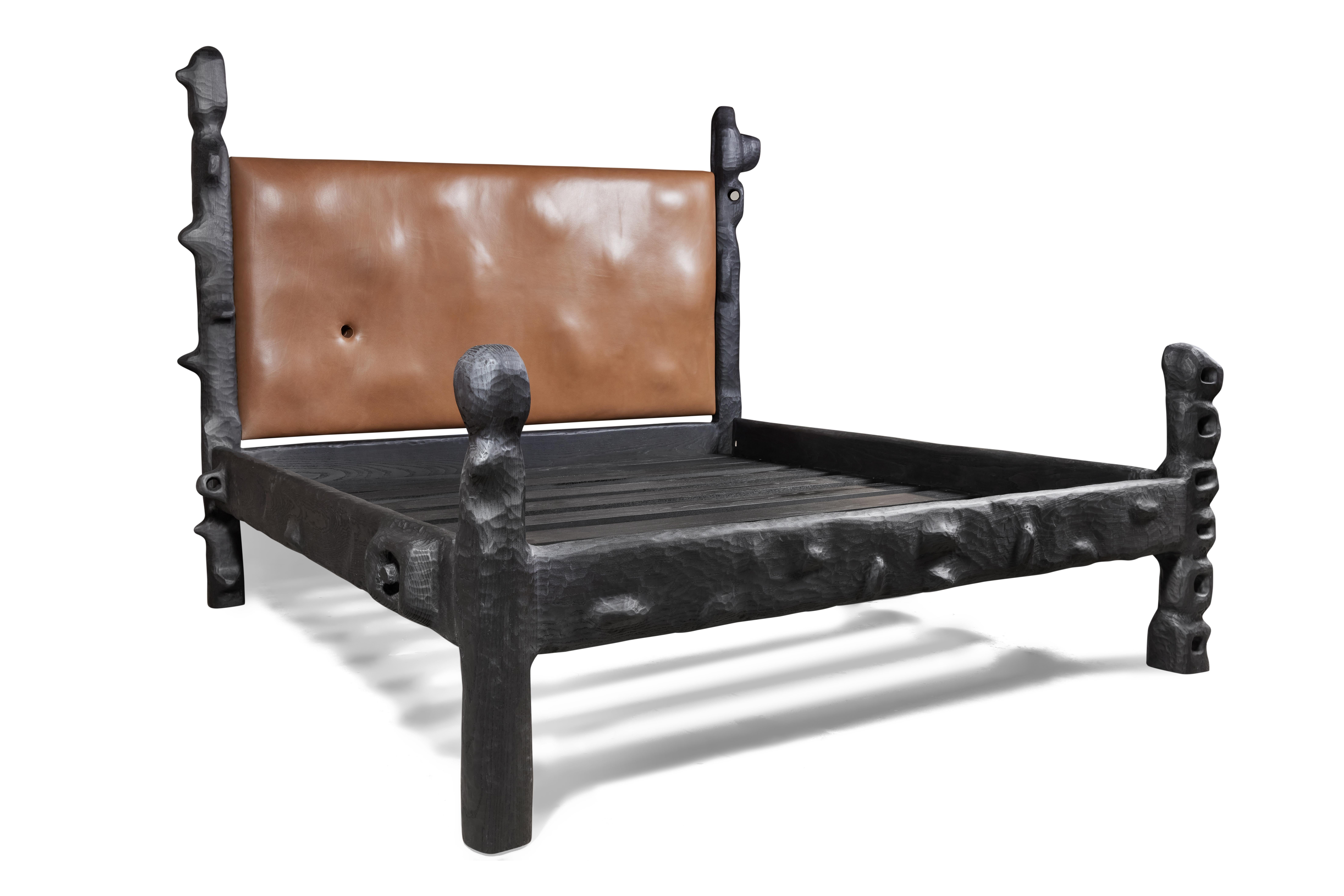 Contemporary Organic Hand Carved and Ebonized Ash Bed Frame by Casey McCafferty For Sale