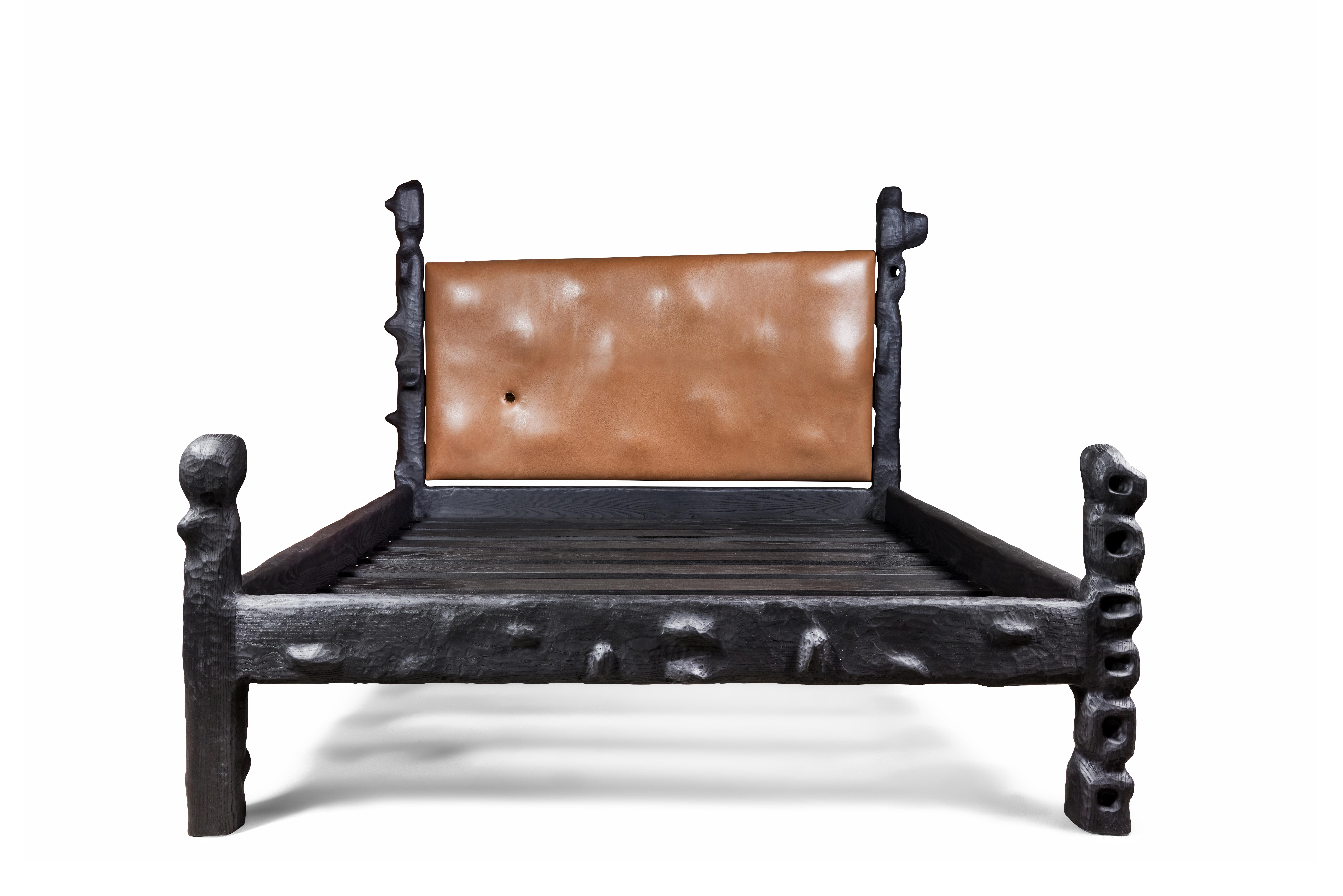 Organic Hand Carved and Ebonized Ash Bed Frame by Casey McCafferty For Sale 1