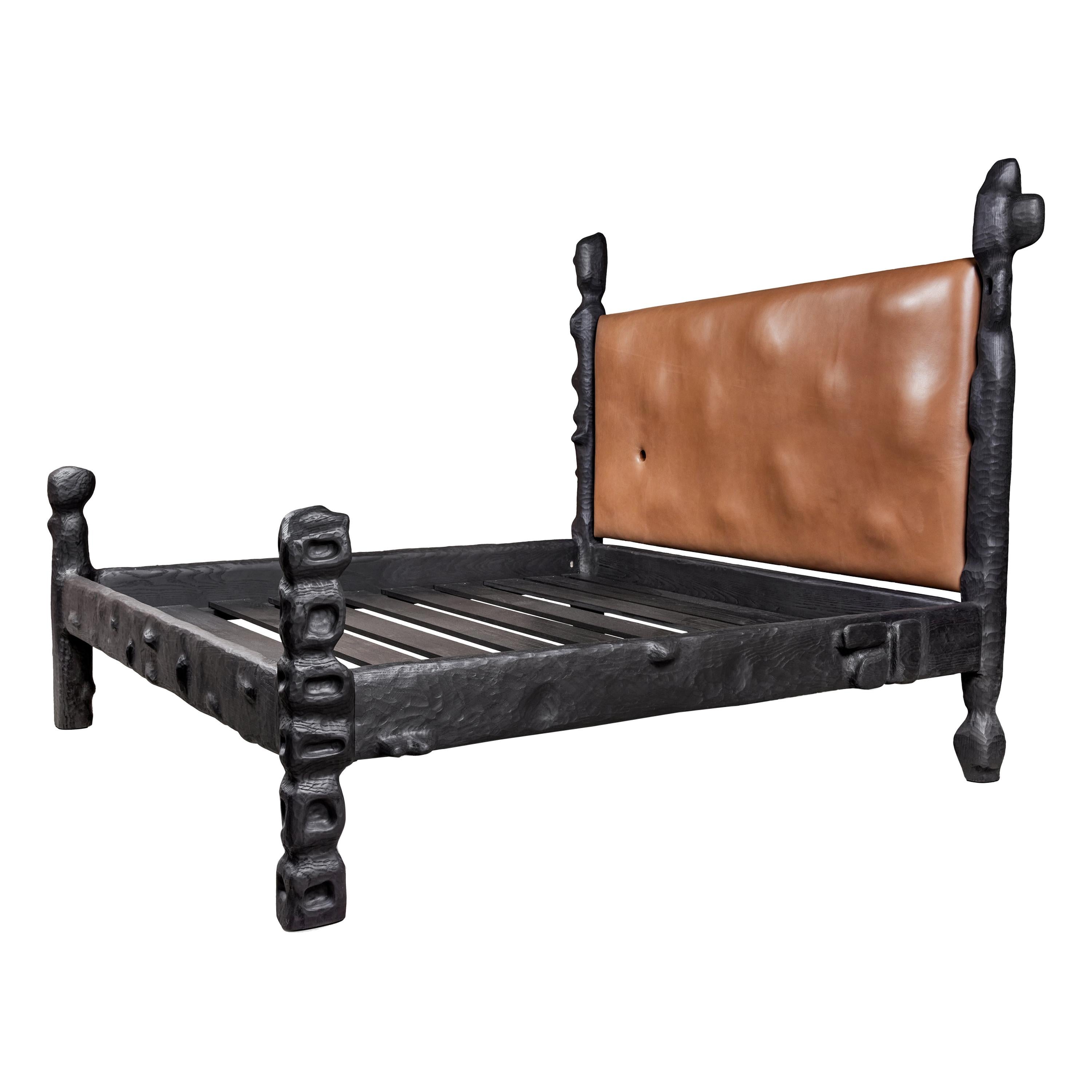 Organic Hand Carved and Ebonized Ash Bed Frame by Casey McCafferty For Sale