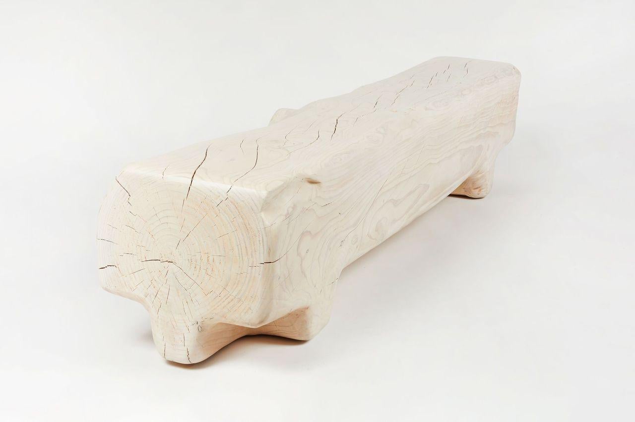 American Organic Hand Carved and White Washed Cedar Bench by Casey McCafferty For Sale
