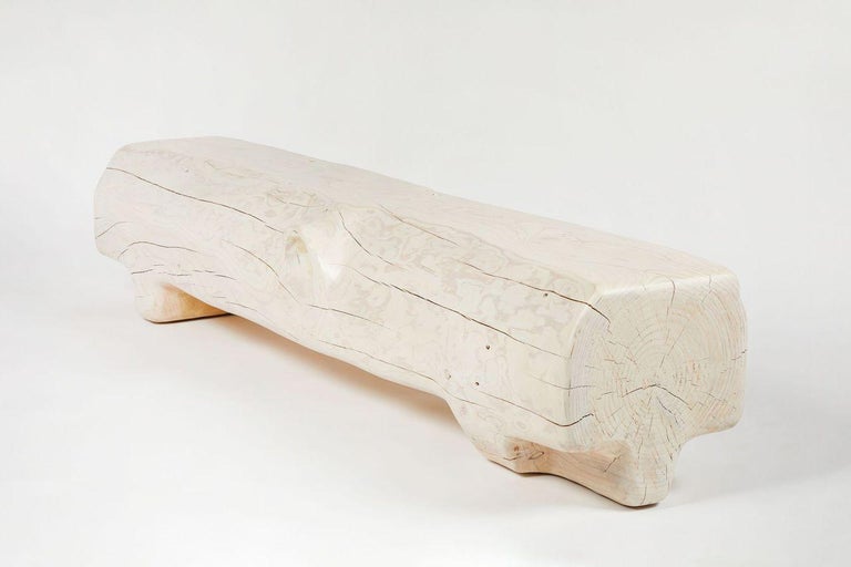 Contemporary Organic Hand Carved and White Washed Cedar Bench by Casey McCafferty For Sale