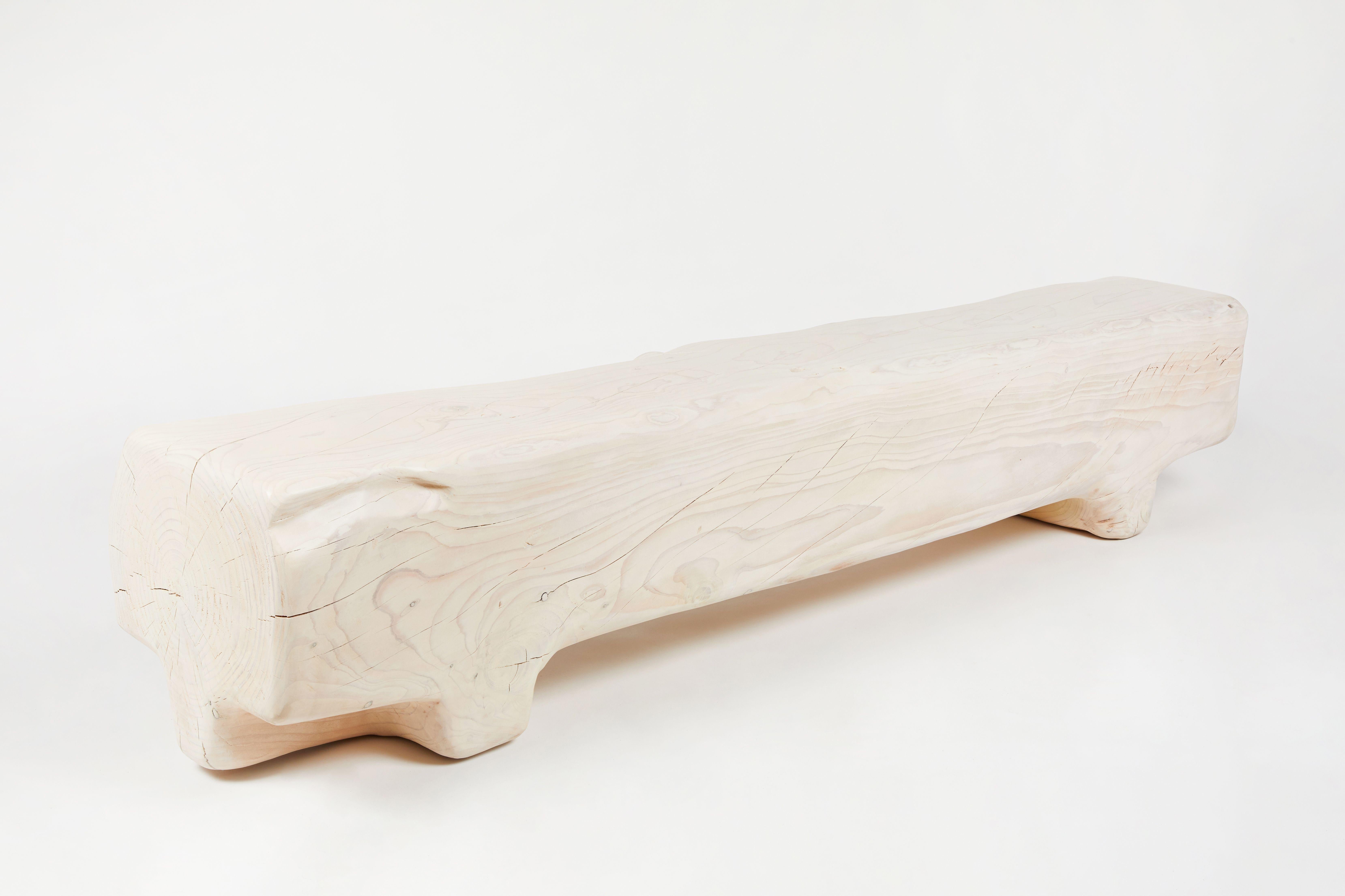 Contemporary Organic Hand Carved and White Washed Cedar Bench by Casey McCafferty For Sale