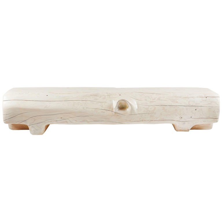 Organic Hand Carved and White Washed Cedar Bench by Casey McCafferty For Sale