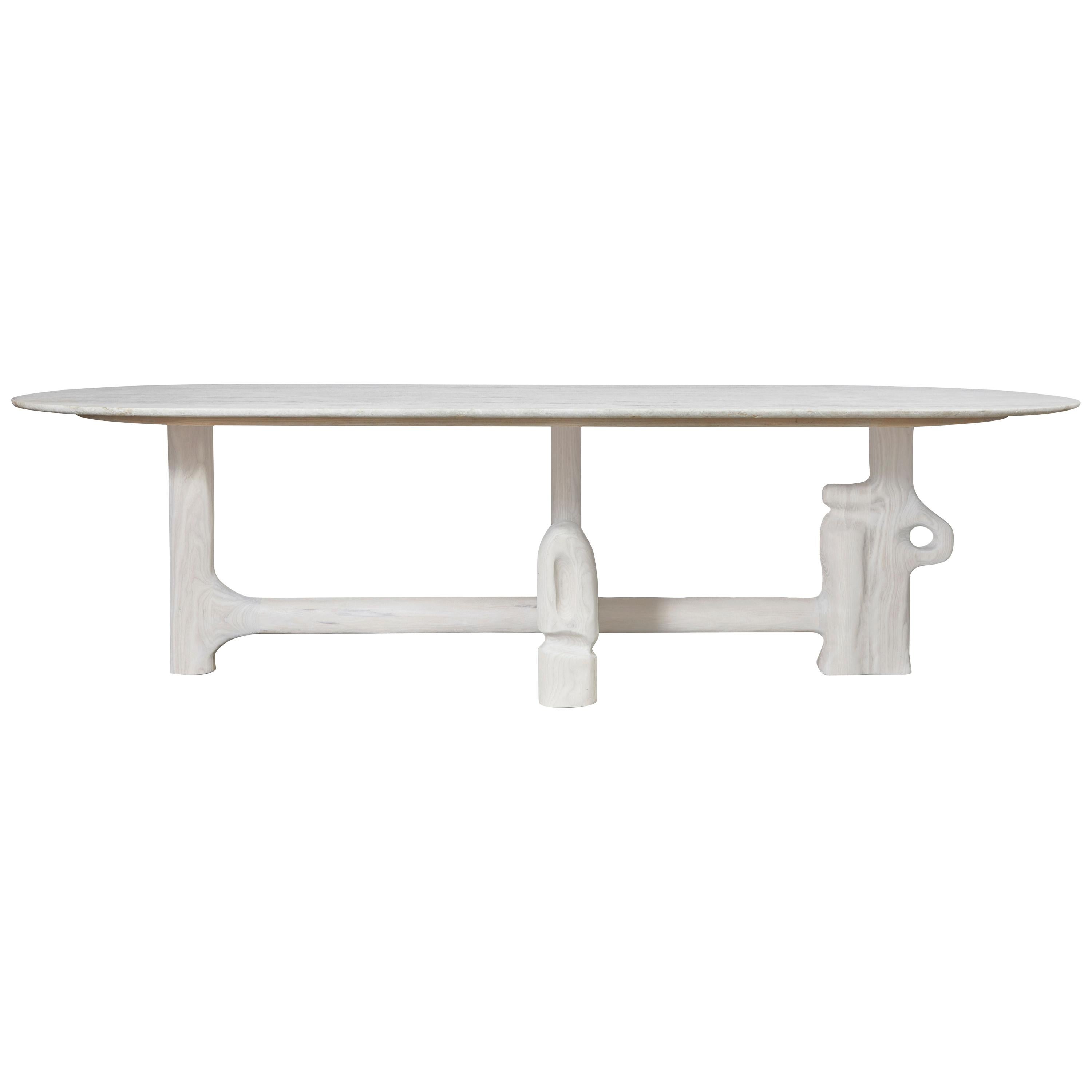 Organic Hand Carved and White Washed Dining Coffee Table by Casey McCafferty For Sale