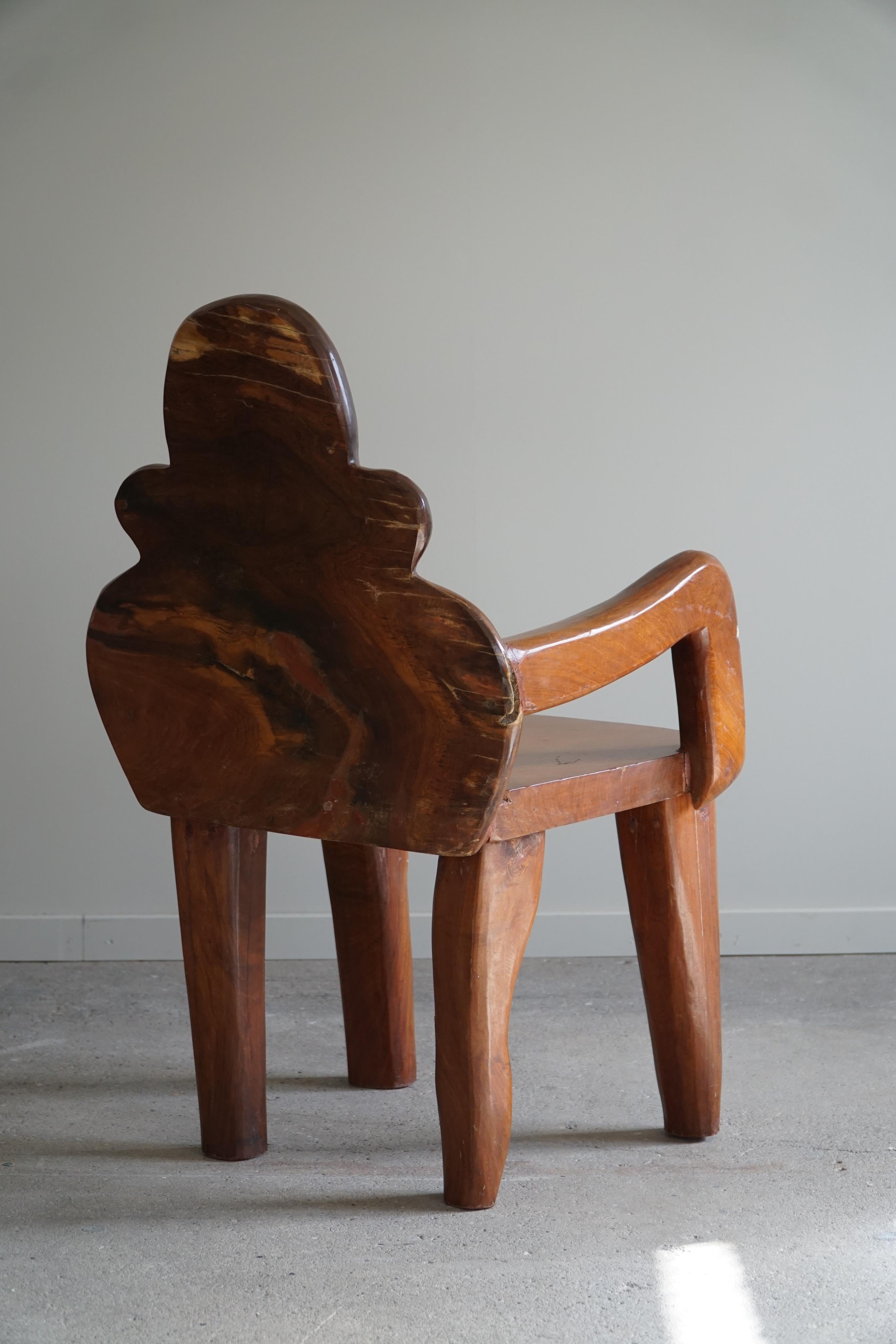 Hand-Carved Organic Handcrafted Wabi Sabi Armchair in Solid Wood, Swedish Modern, 1900s For Sale