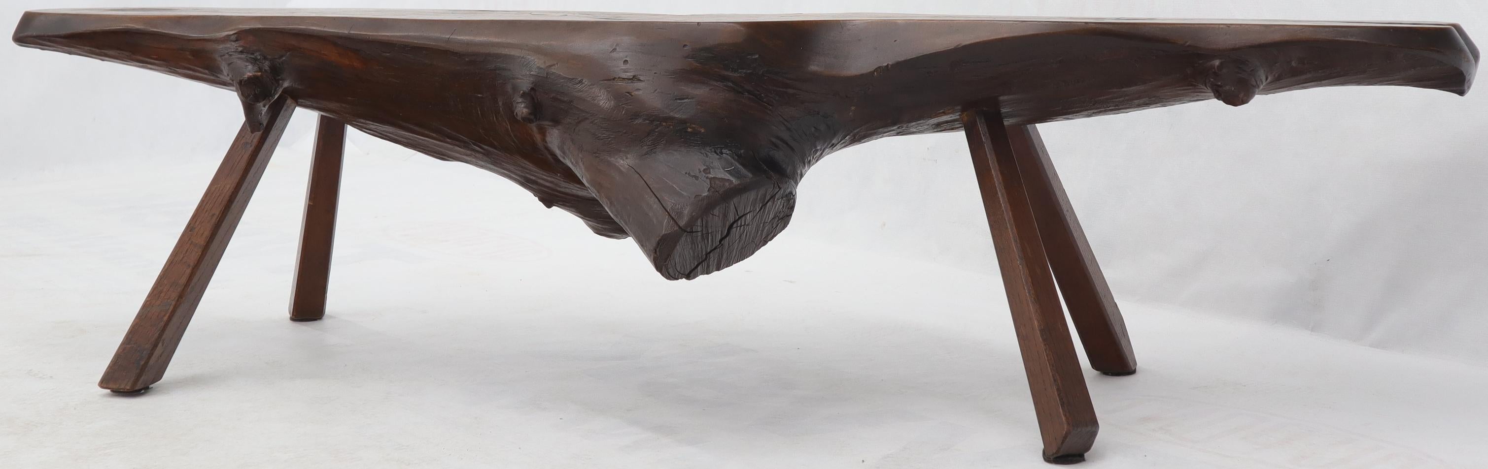 American Organic Heavy Solid Walnut Varnished Slab Top Coffee Table on Tapered Legs For Sale