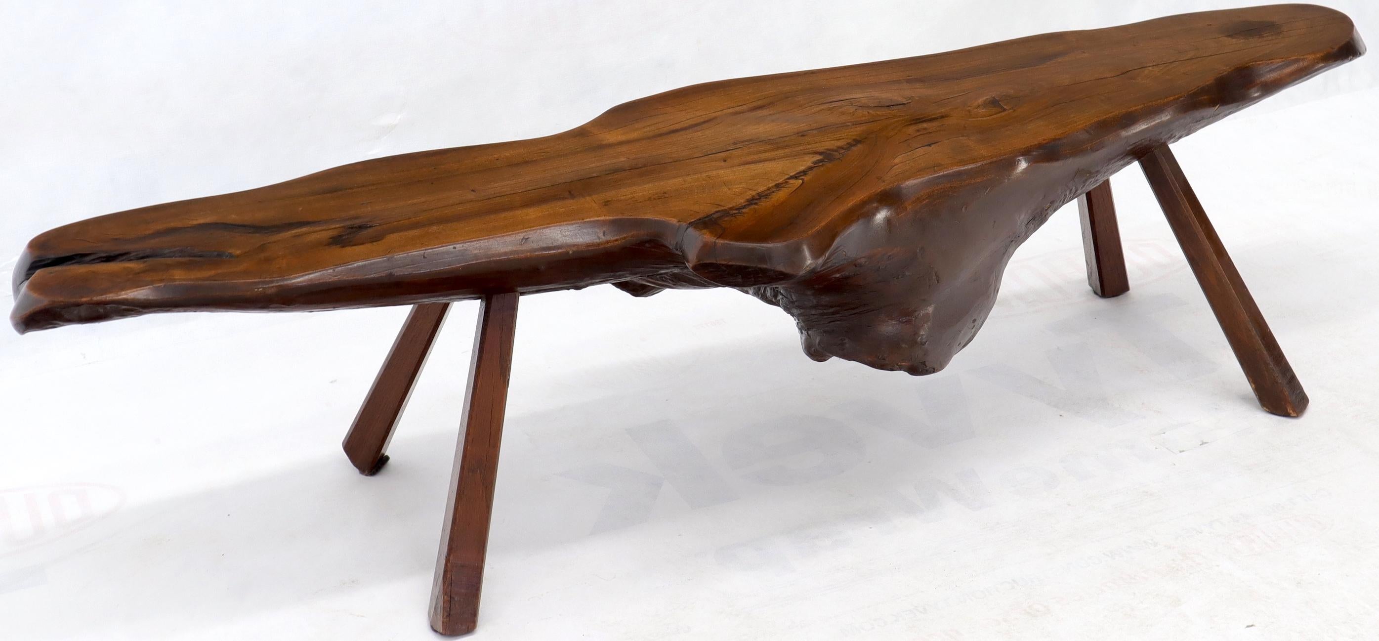 Organic Heavy Solid Walnut Varnished Slab Top Coffee Table on Tapered Legs For Sale 1
