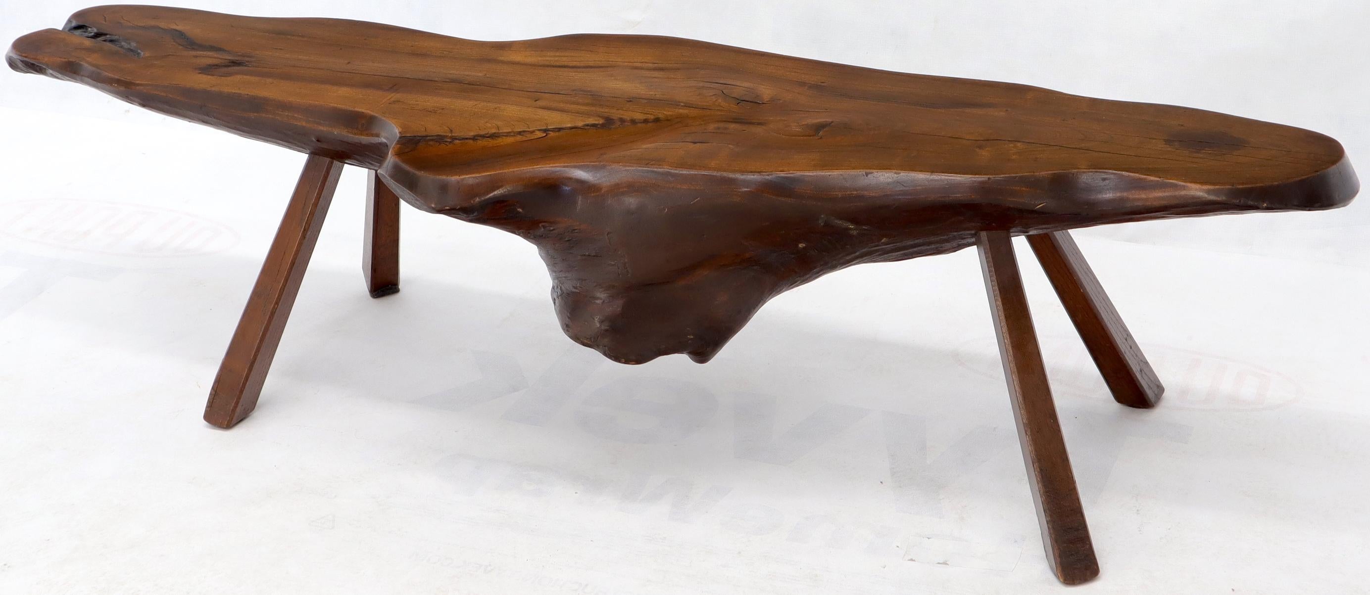 Organic Heavy Solid Walnut Varnished Slab Top Coffee Table on Tapered Legs For Sale 2