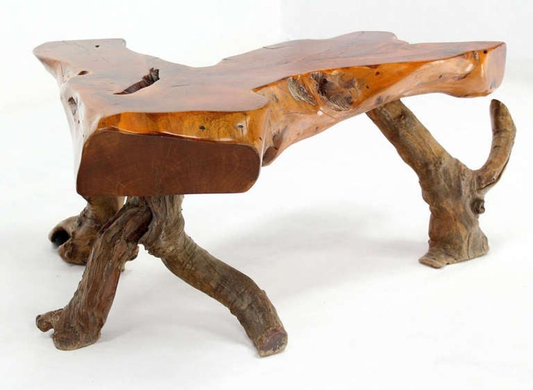 20th Century Organic Heavy V Shape Walnut Slab Top Driftwood Base Legs Coffee Table MINT! For Sale