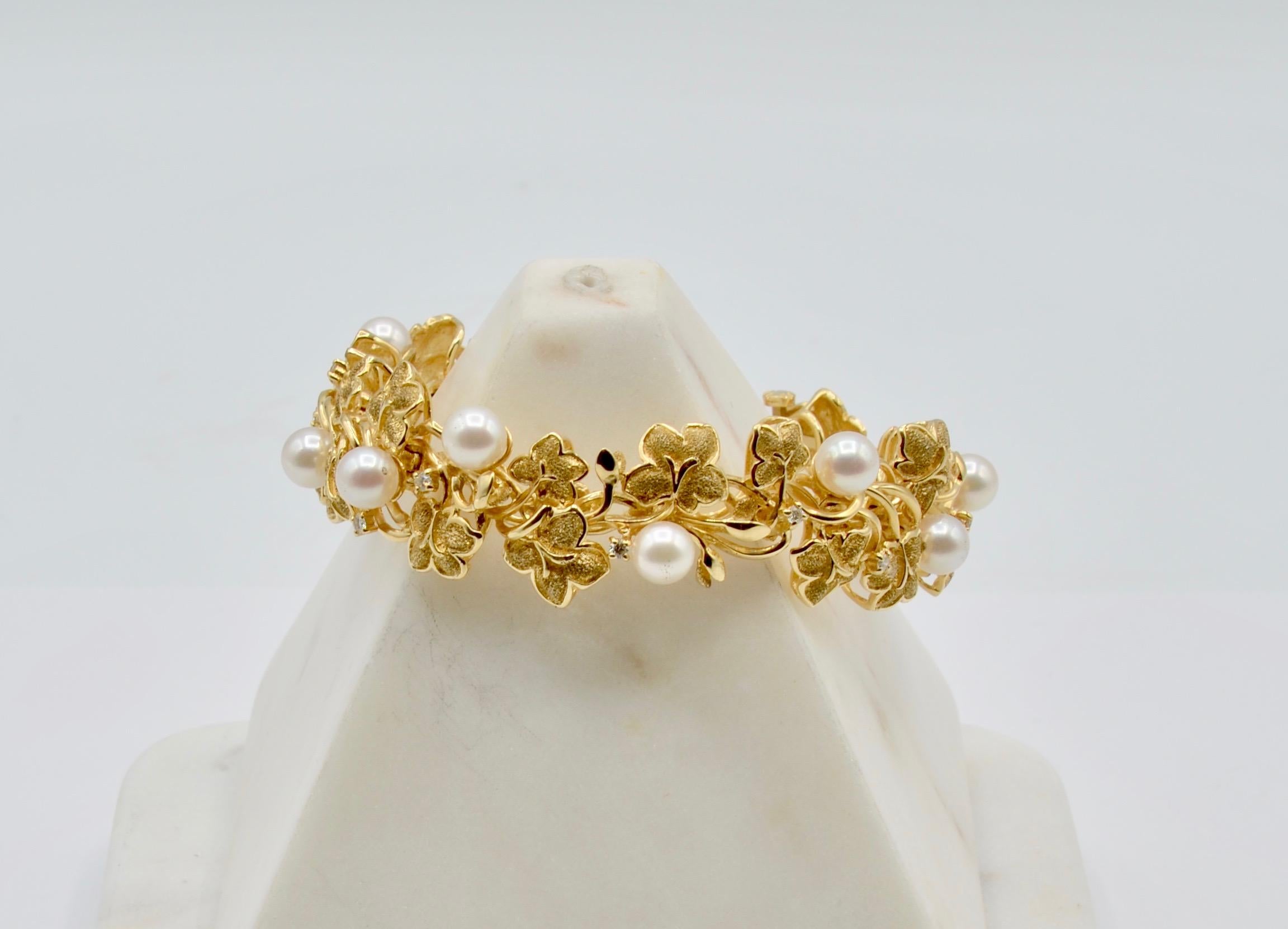 Romantic Organic Inspired Natural Pearl, Diamond and 14 Karat Vine Bracelet For Sale