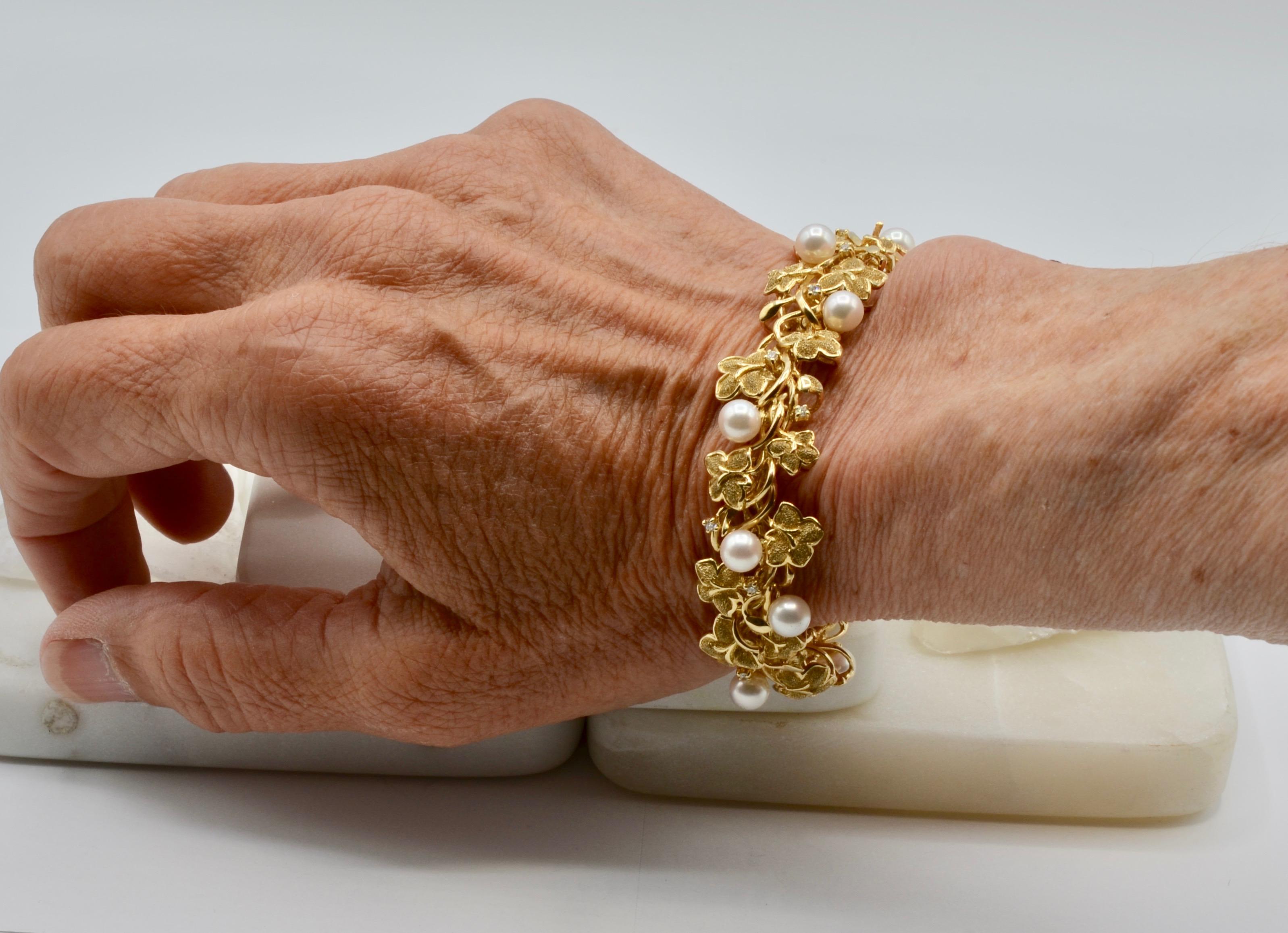 Armband aus 14 Karat Weinrebenholz mit natürlicher Perle, Diamant und Naturperlen inspiriert im Zustand „Hervorragend“ im Angebot in Berkeley, CA