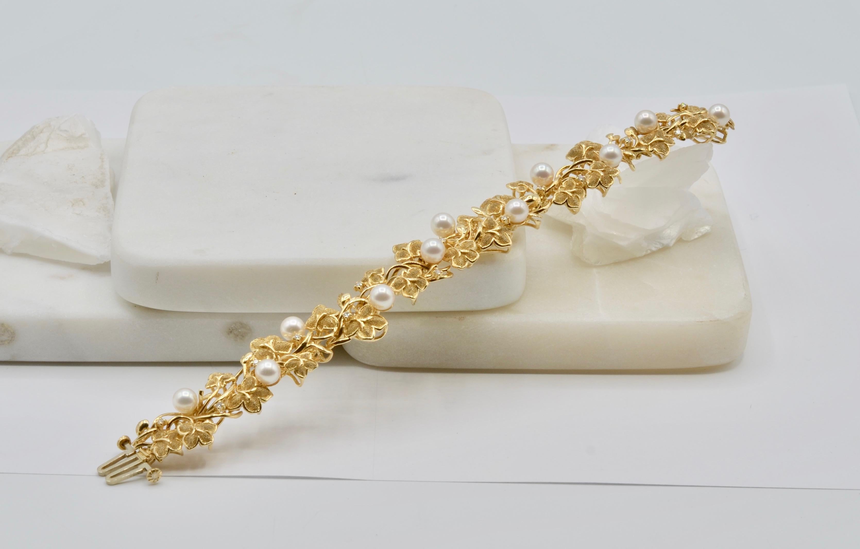 Organic Inspired Natural Pearl, Diamond and 14 Karat Vine Bracelet In Excellent Condition For Sale In Berkeley, CA