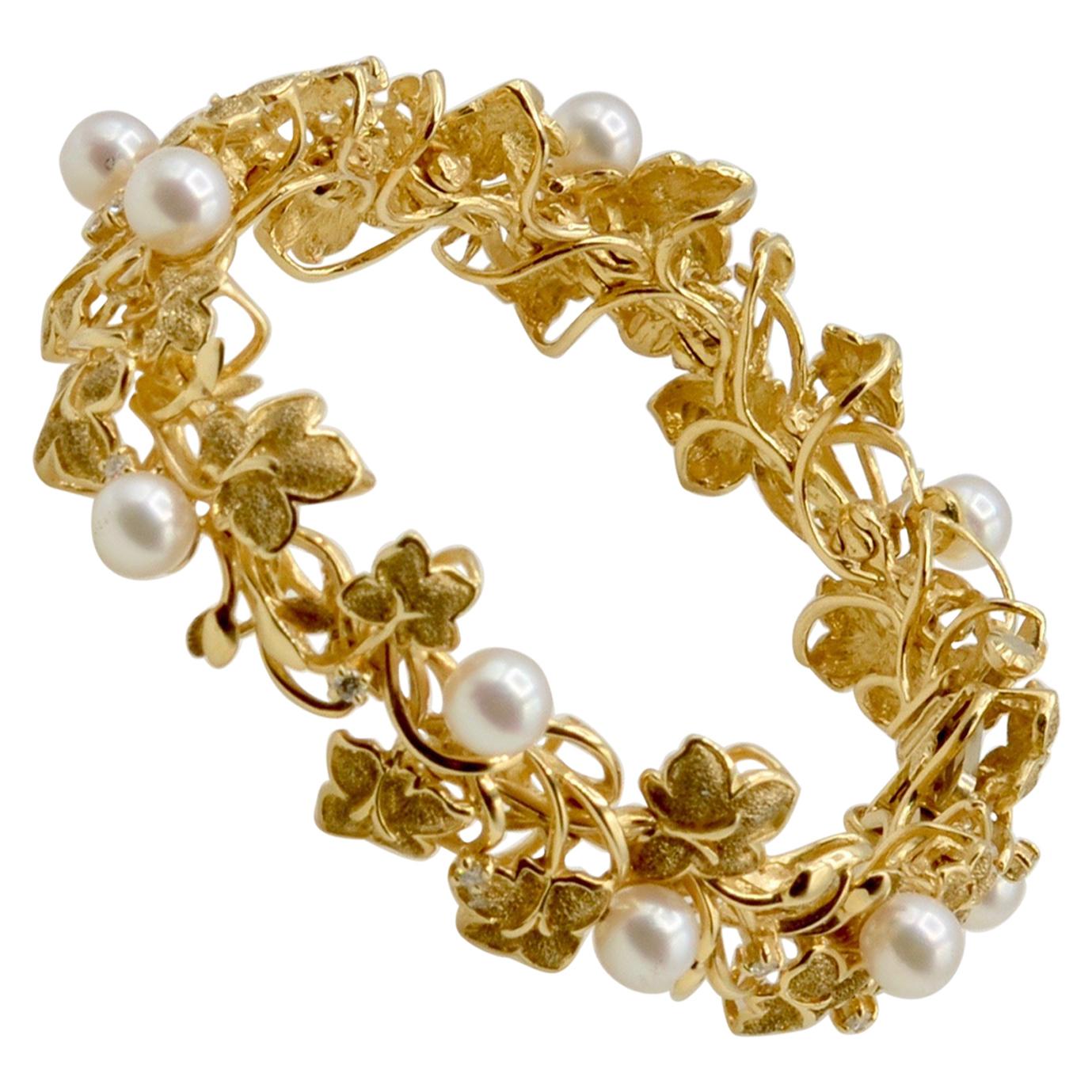 Organic Inspired Natural Pearl, Diamond and 14 Karat Vine Bracelet