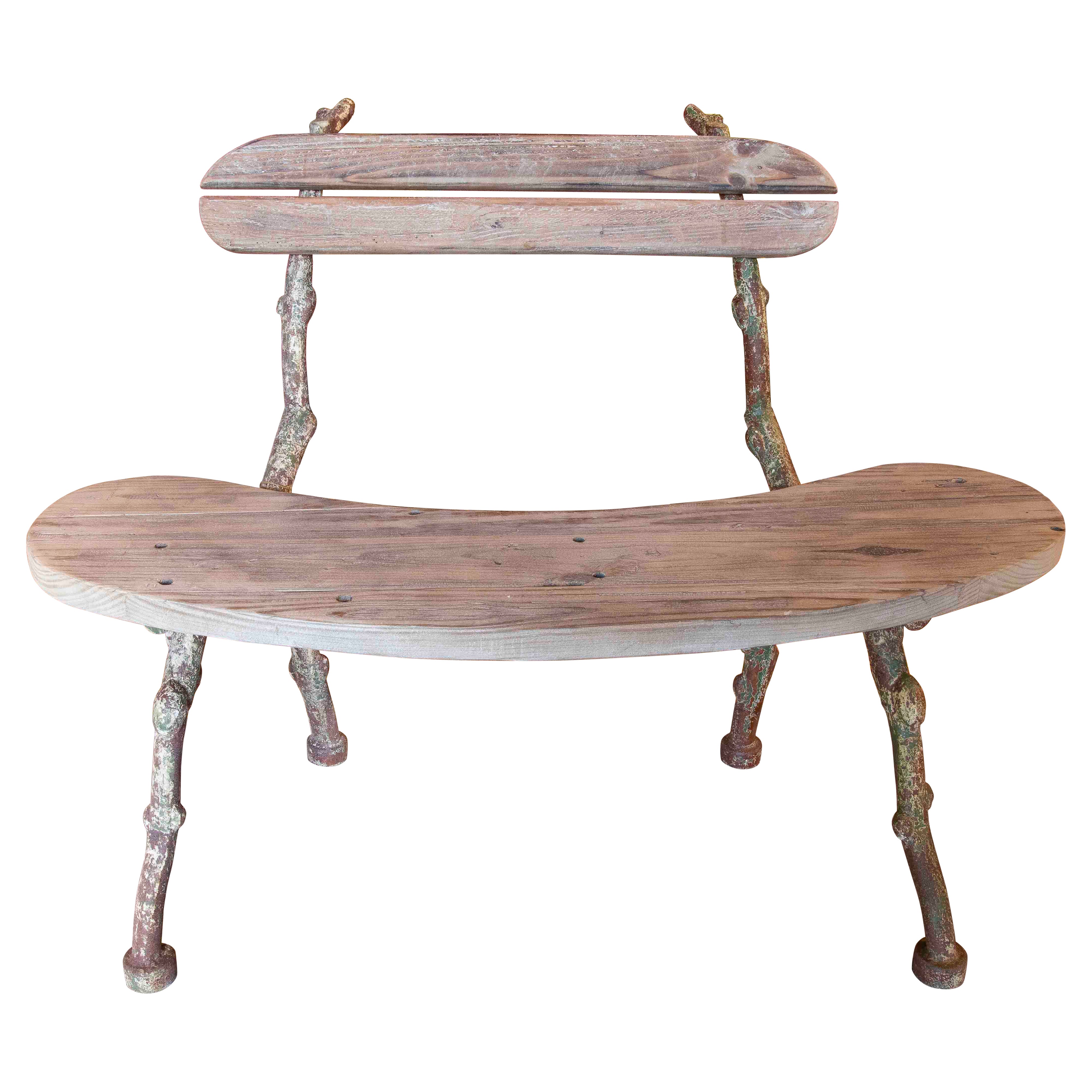 Organic Iron Bench with Aged Wooden Seat im Angebot