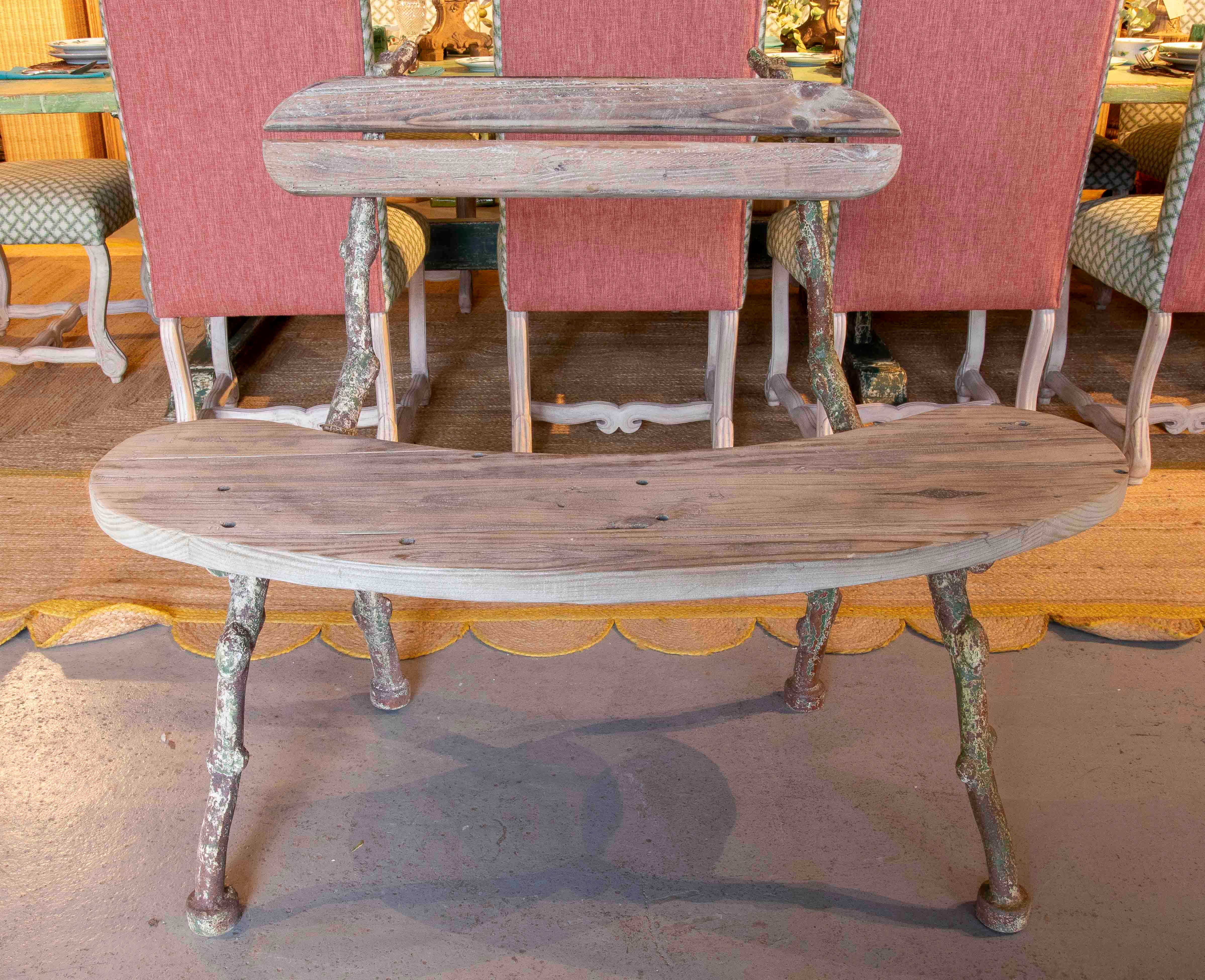 Organic Iron Bench with Aged Wooden Seat For Sale