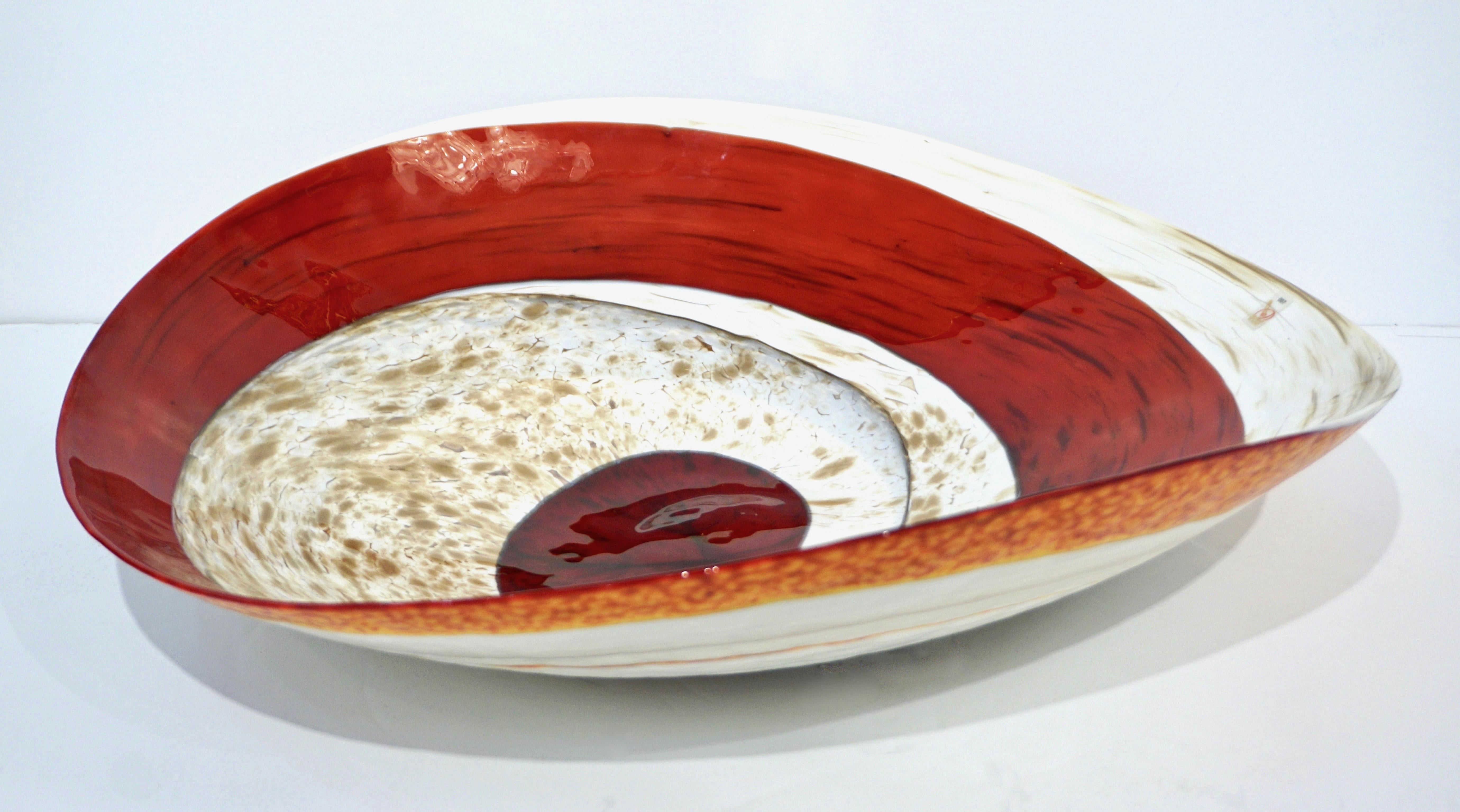Organic Italian Pearl White Murano Glass Bowl with Swirled Wine Red Murrine 8