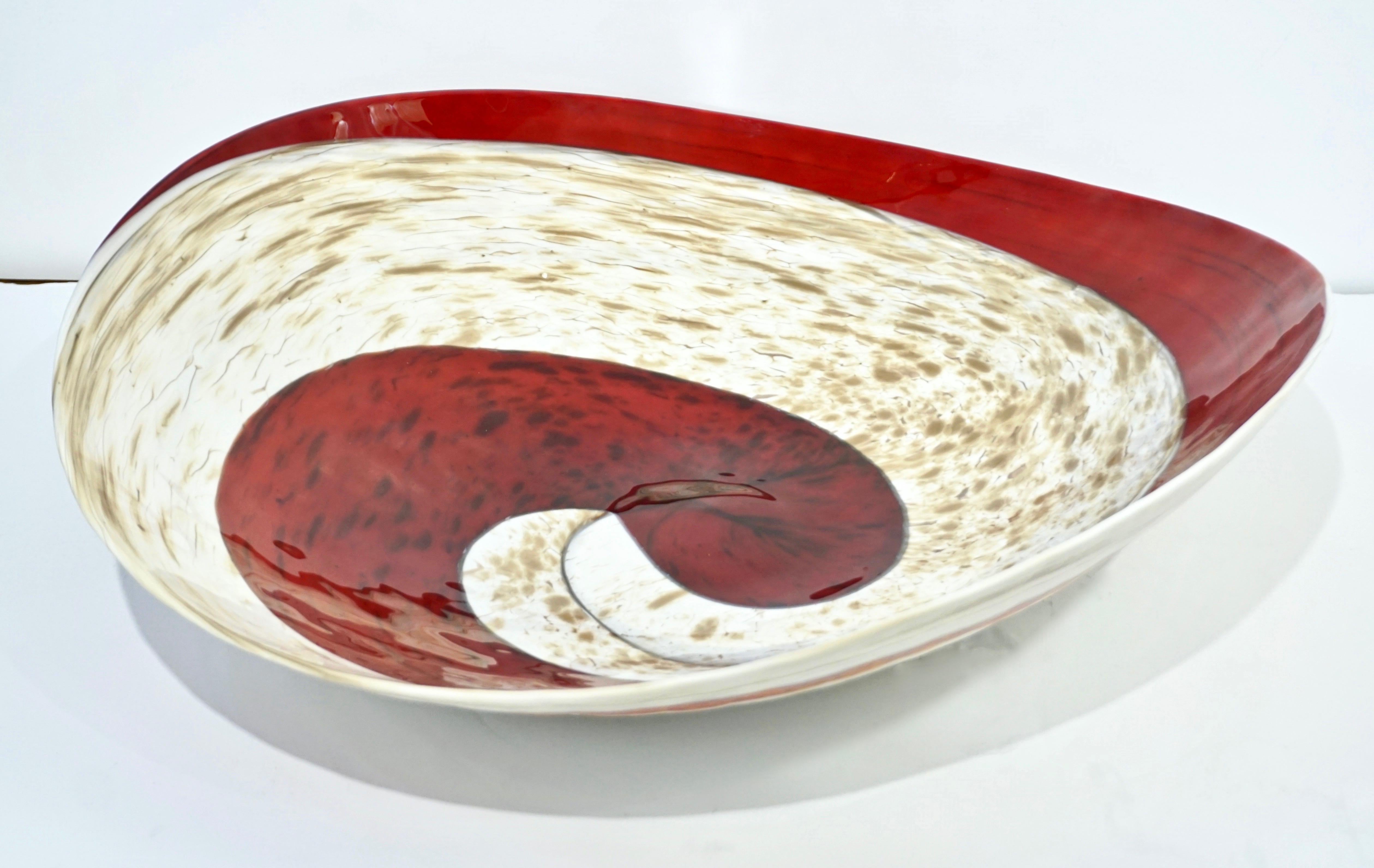 Organic Italian Pearl White Murano Glass Bowl with Swirled Wine Red Murrine 10