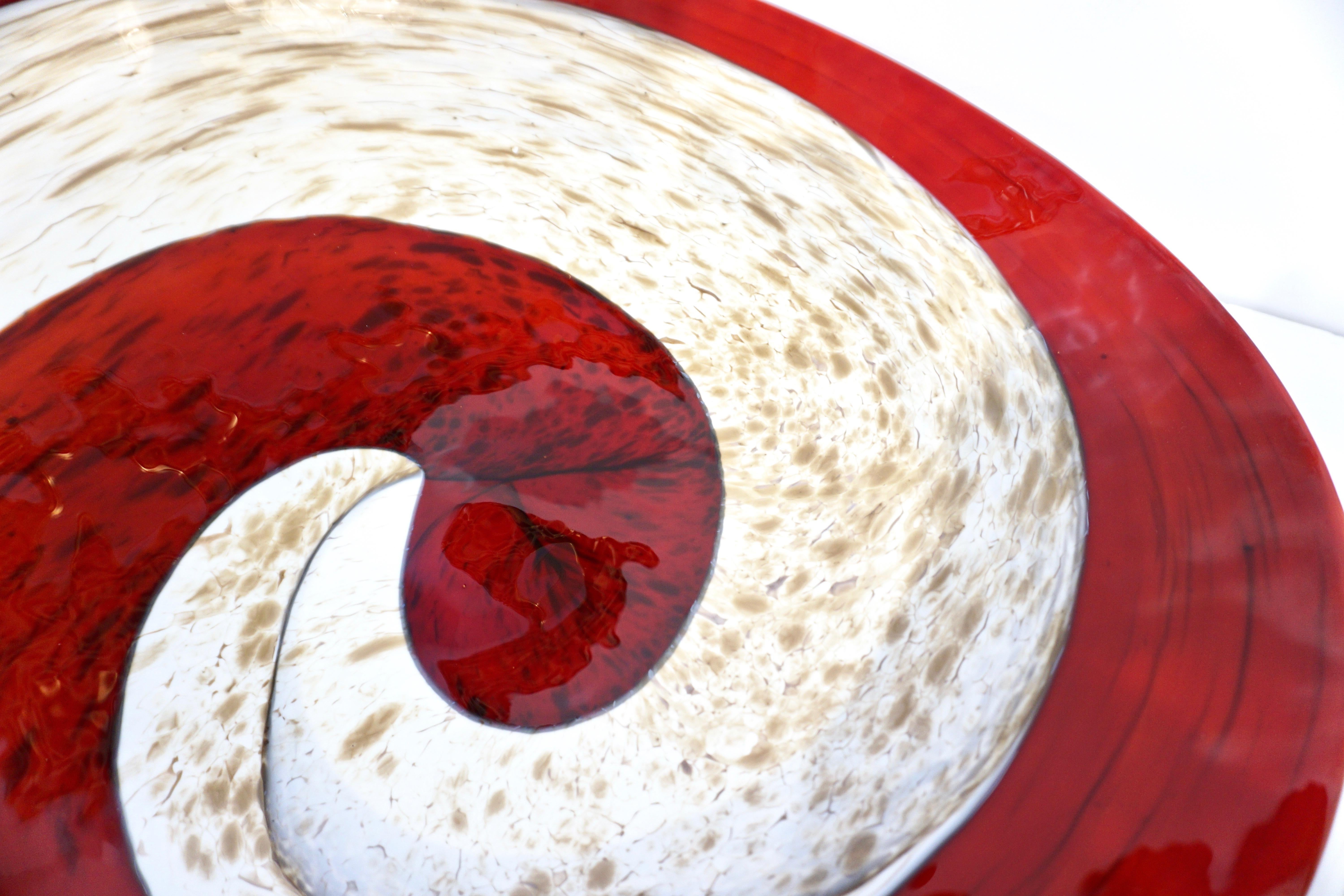 Organic Italian Pearl White Murano Glass Bowl with Swirled Wine Red Murrine 11