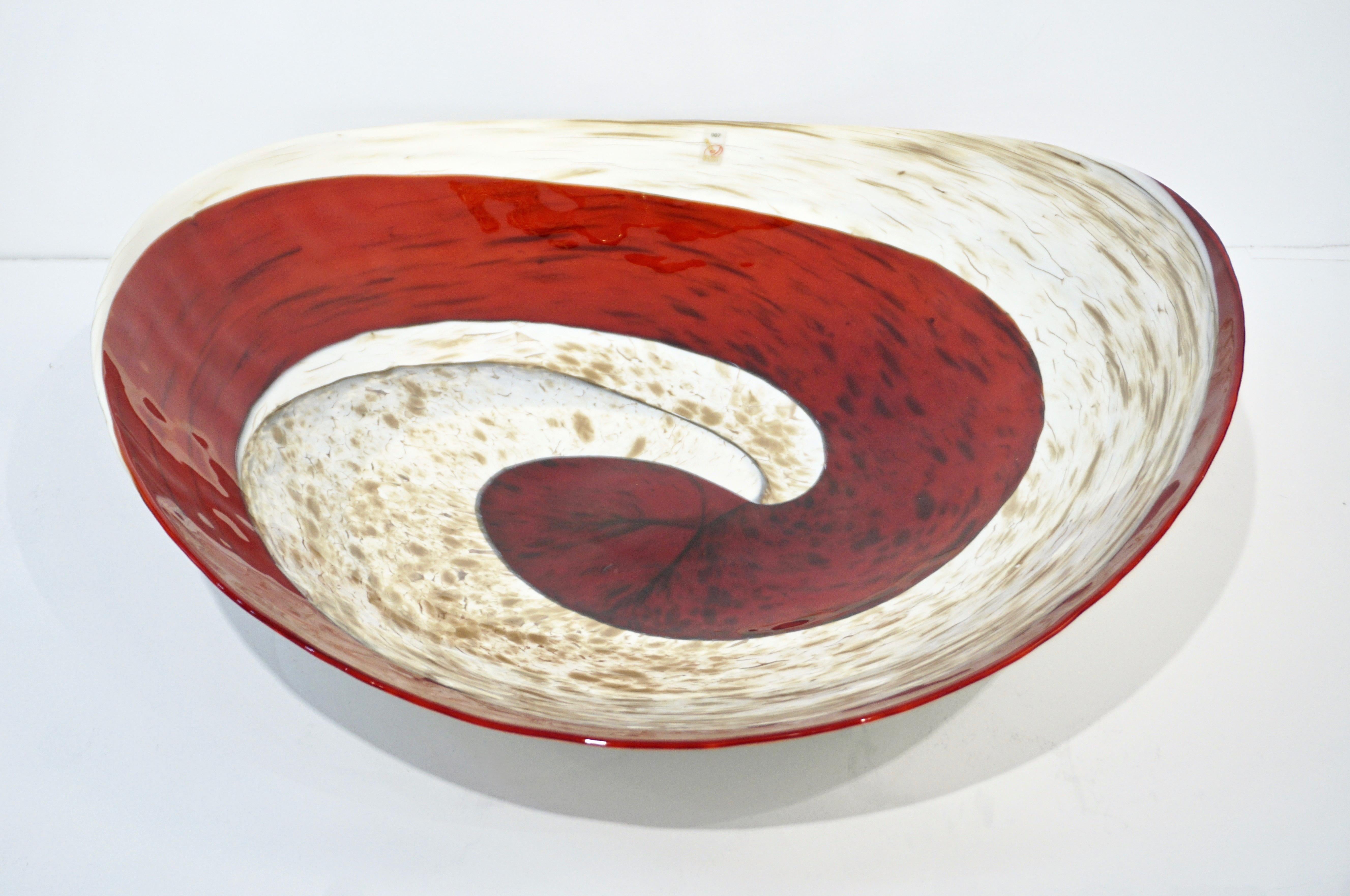 Hand-Crafted Organic Italian Pearl White Murano Glass Bowl with Swirled Wine Red Murrine