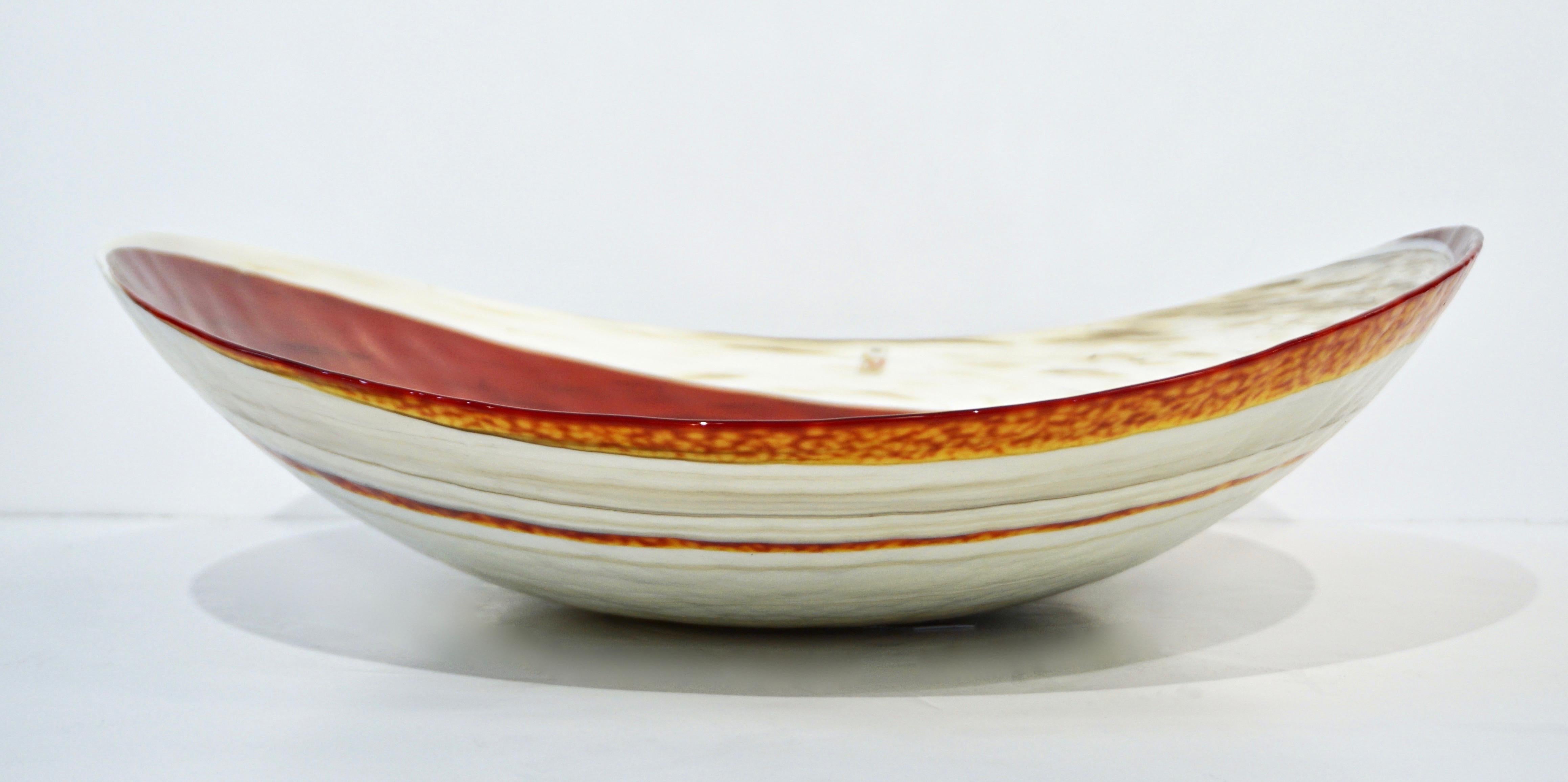 Organic Italian Pearl White Murano Glass Bowl with Swirled Wine Red Murrine In Excellent Condition In New York, NY