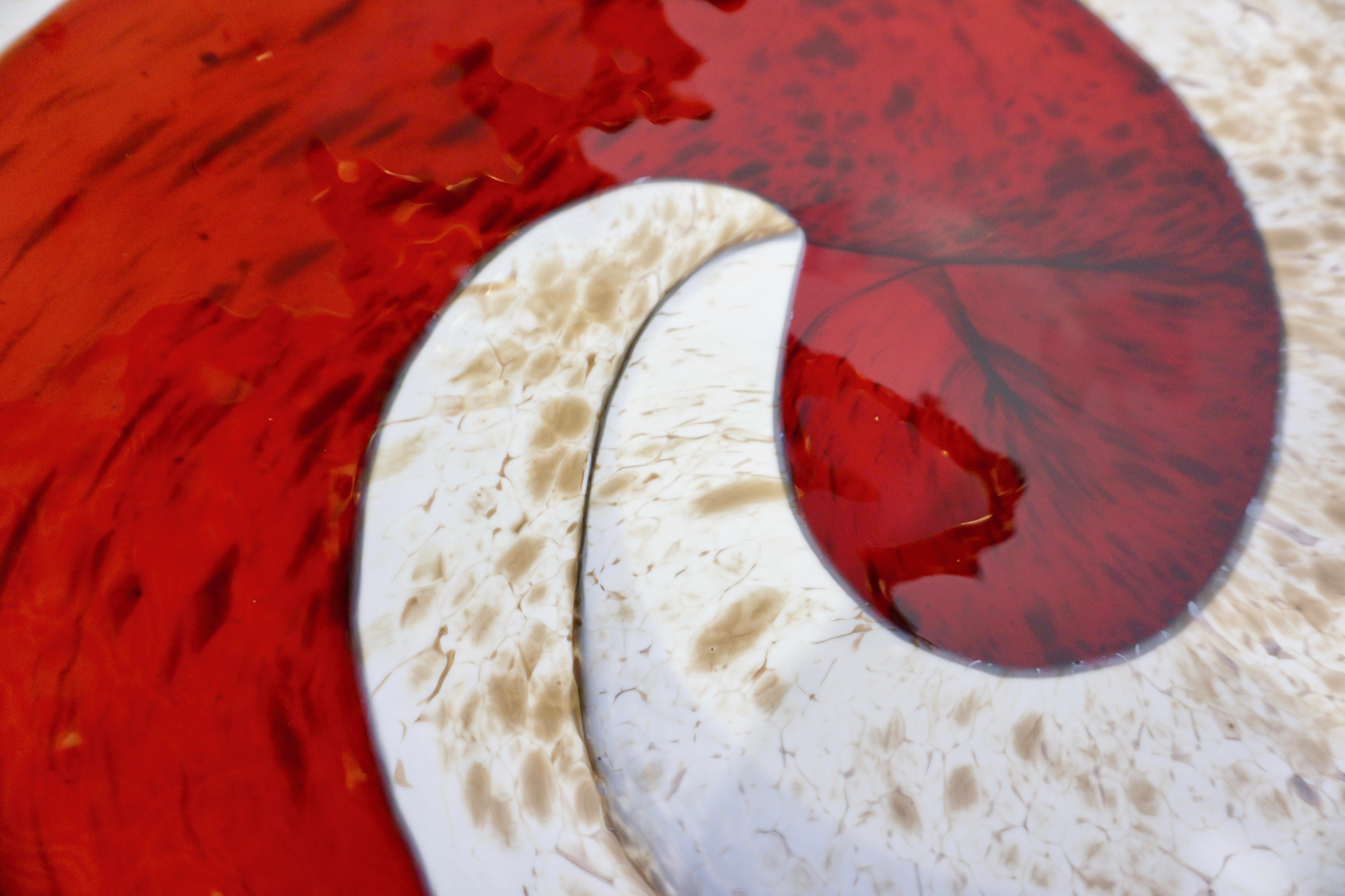 Contemporary Organic Italian Pearl White Murano Glass Bowl with Swirled Wine Red Murrine