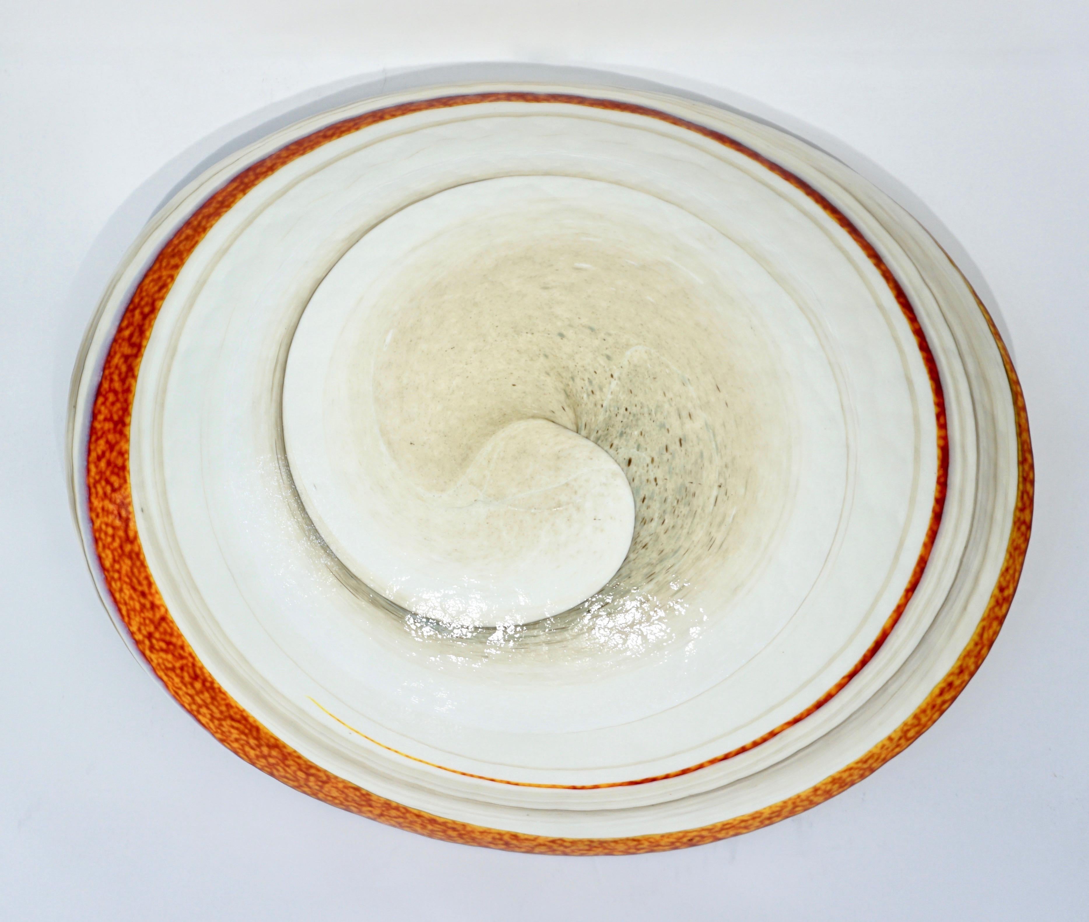 Organic Italian Pearl White Murano Glass Bowl with Swirled Wine Red Murrine 1