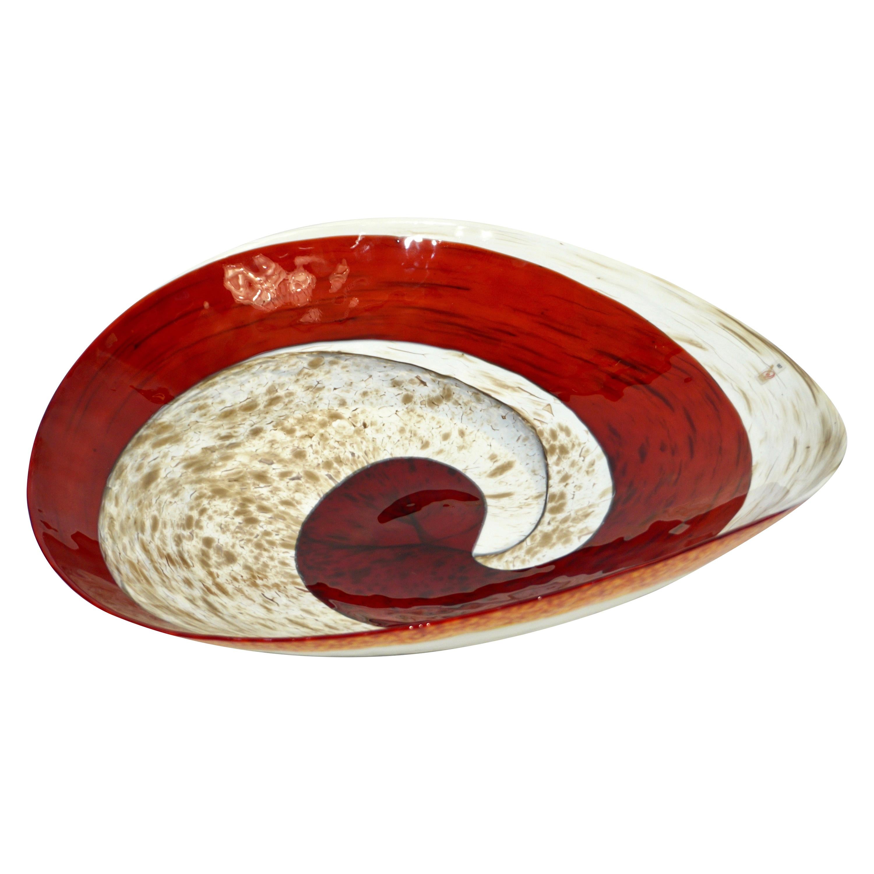 Organic Italian Pearl White Murano Glass Bowl with Swirled Wine Red Murrine