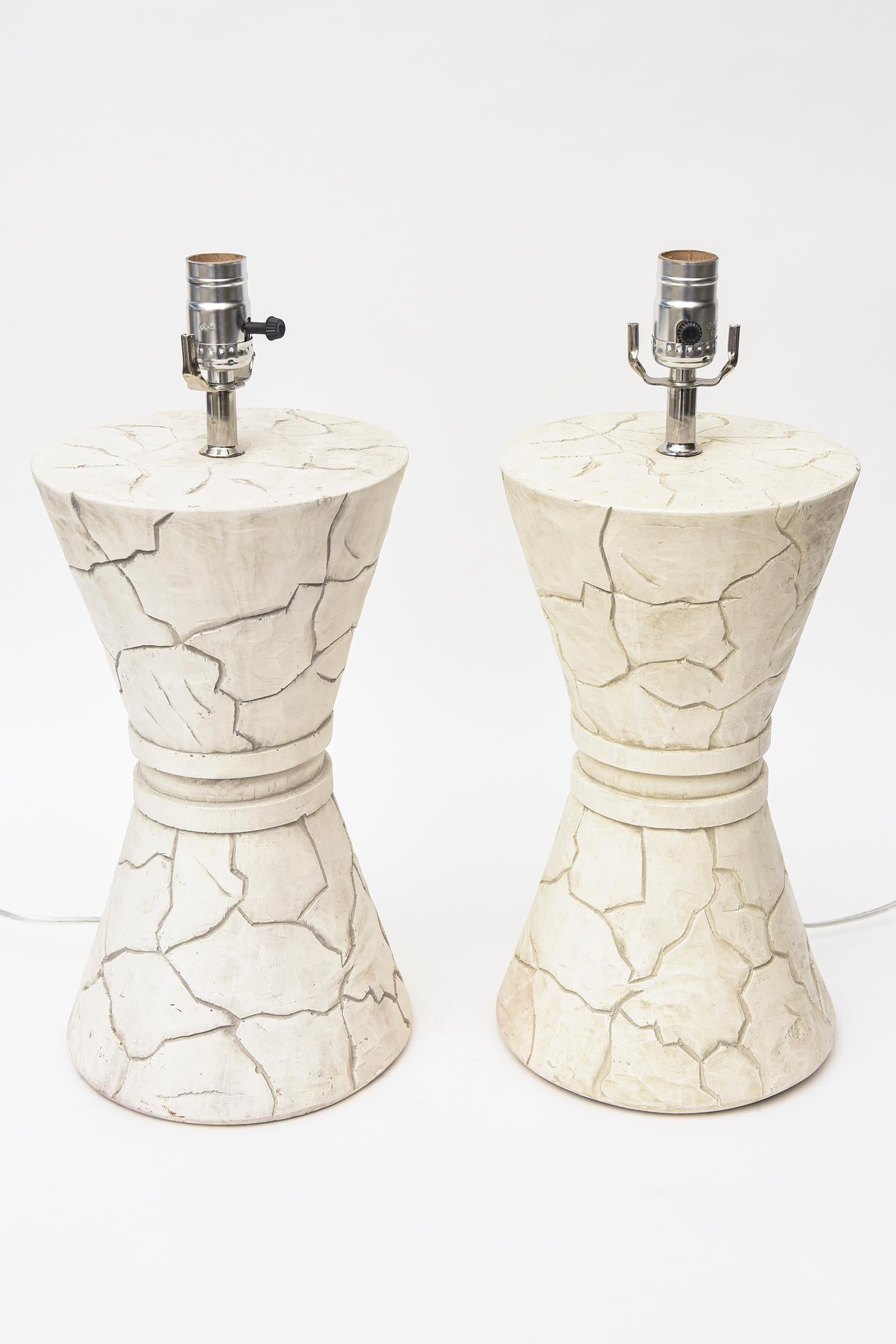 Vintage Organic Modern Ceramic Pebbled Off White Signed Japanese Lamps Pair Of In Good Condition In North Miami, FL