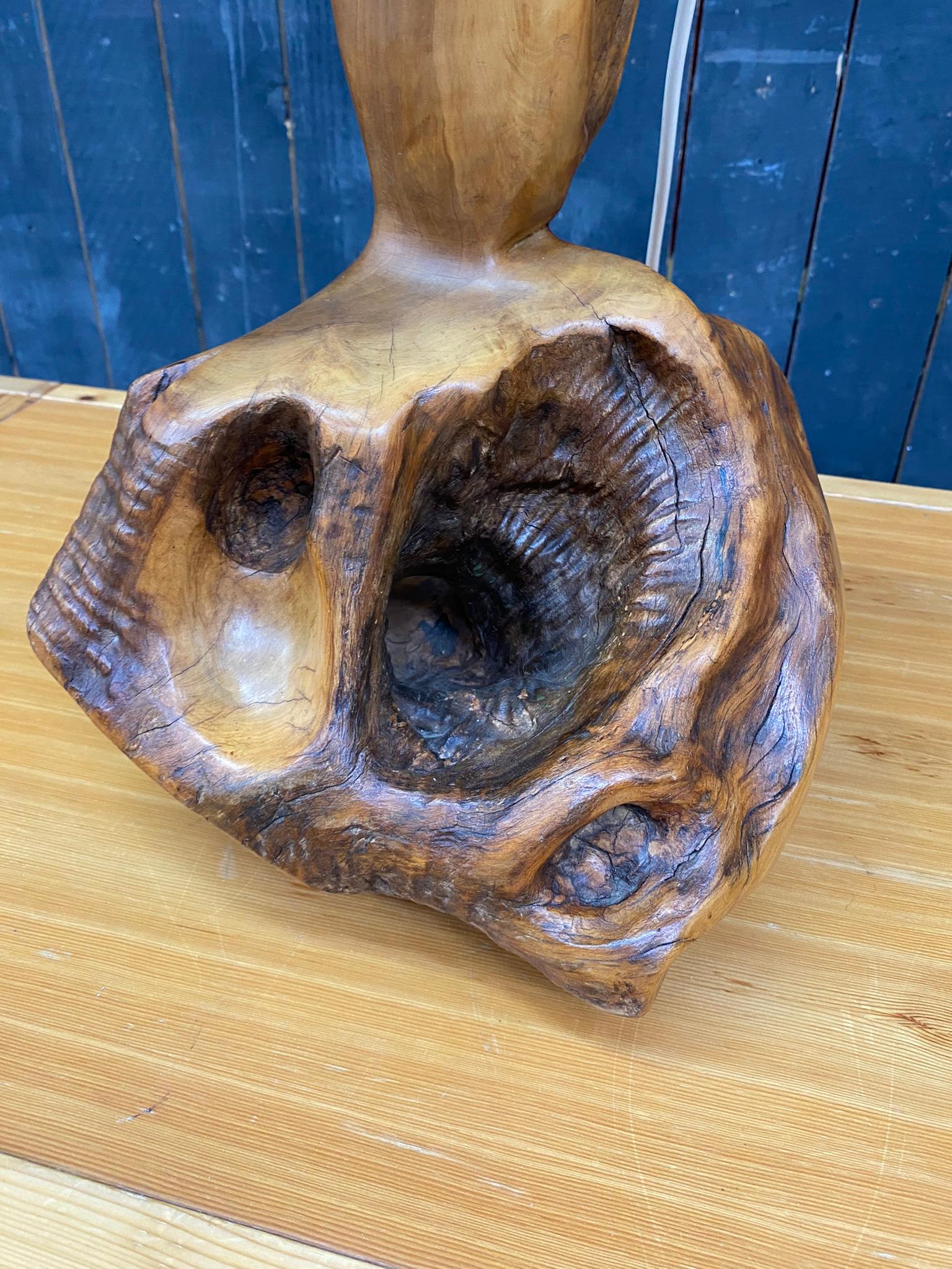 Late 20th Century organic lamp in solid wood, direct carving, circa 1970 For Sale
