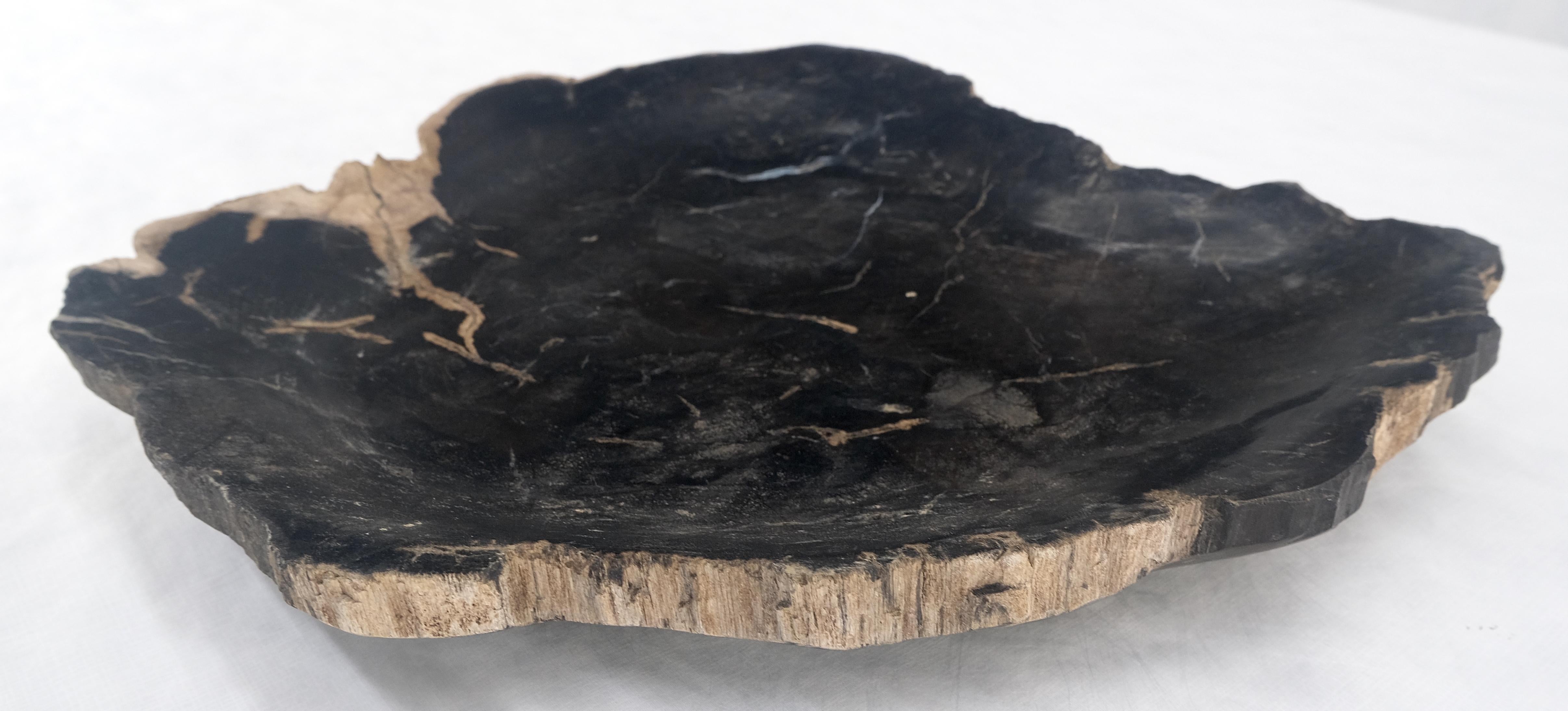 Indonesian Organic Leaf Shape Black & Tan Petrified Wood Tray Bowl Dish Plate Ashtray For Sale
