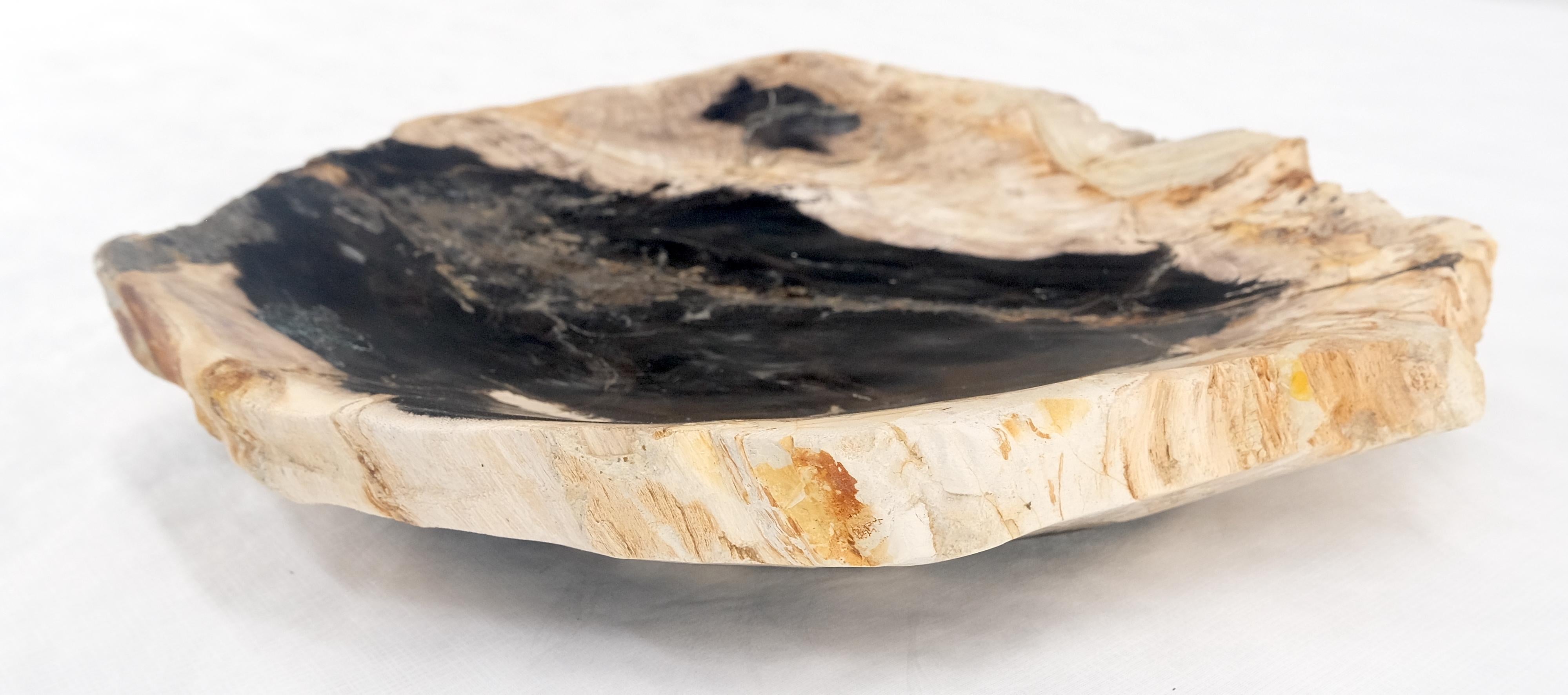 Indonesian Organic Leaf Shape Black & Tan Petrified Wood Tray Bowl Dish Plate Ashtray MINT For Sale