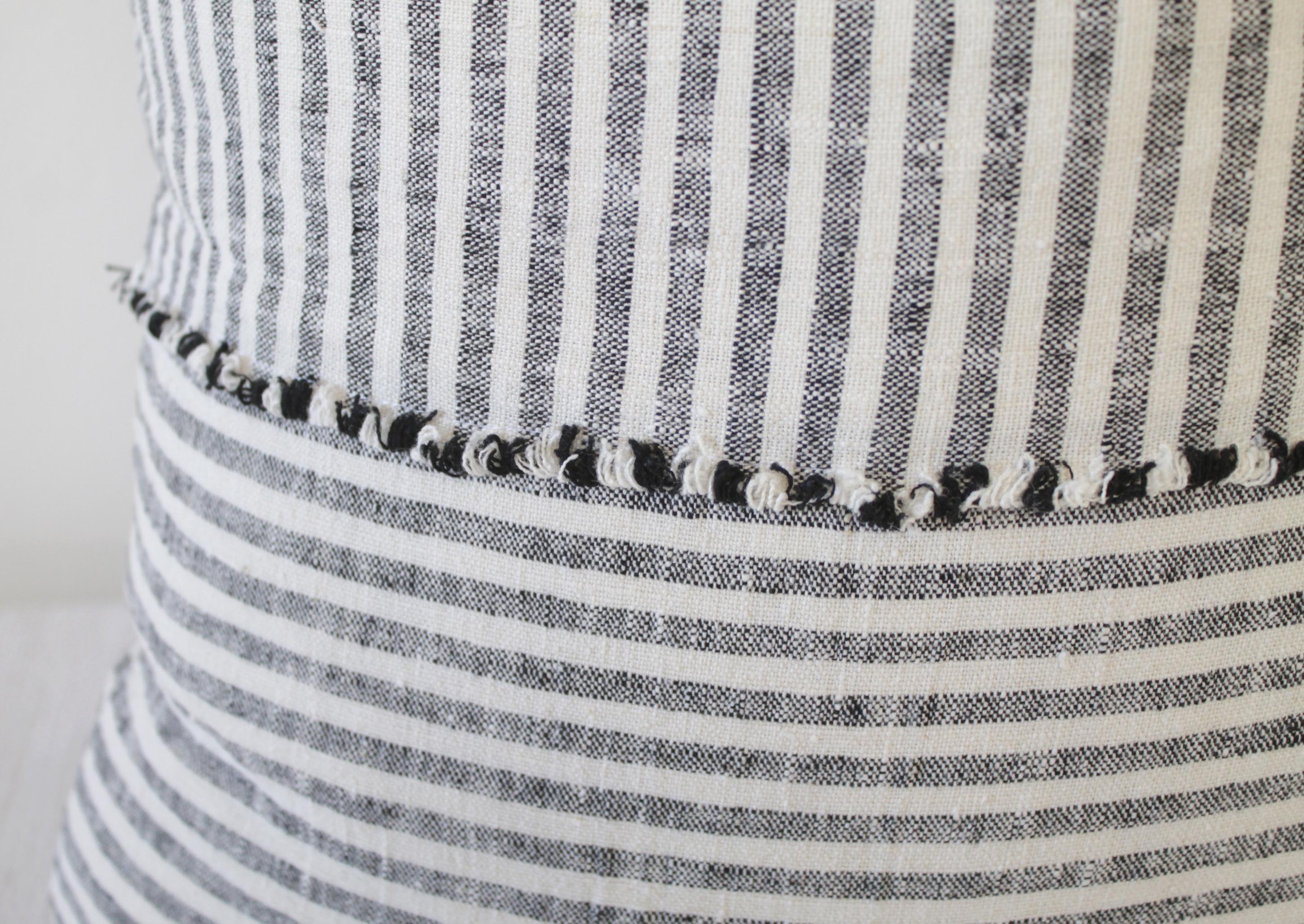 Organic linen accent pillows in black and white ticking stripe
Custom designed here in our studios, this 100% pure organic black and white stripe accent pillow was designed with a horizontal and vertical stripe face with frayed edge details. Order