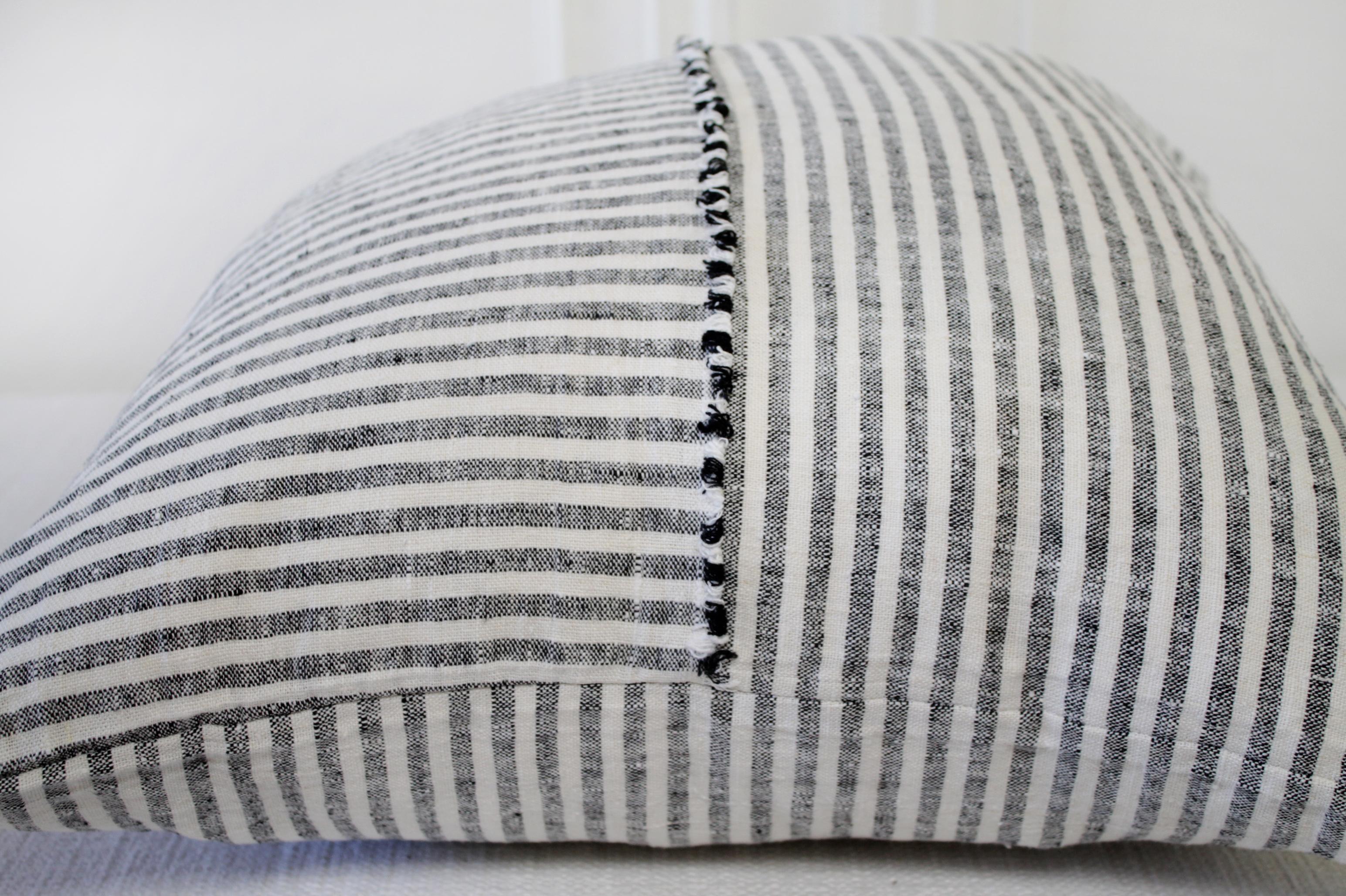 Contemporary Organic Linen Accent Pillows in Black and White Ticking Stripe For Sale