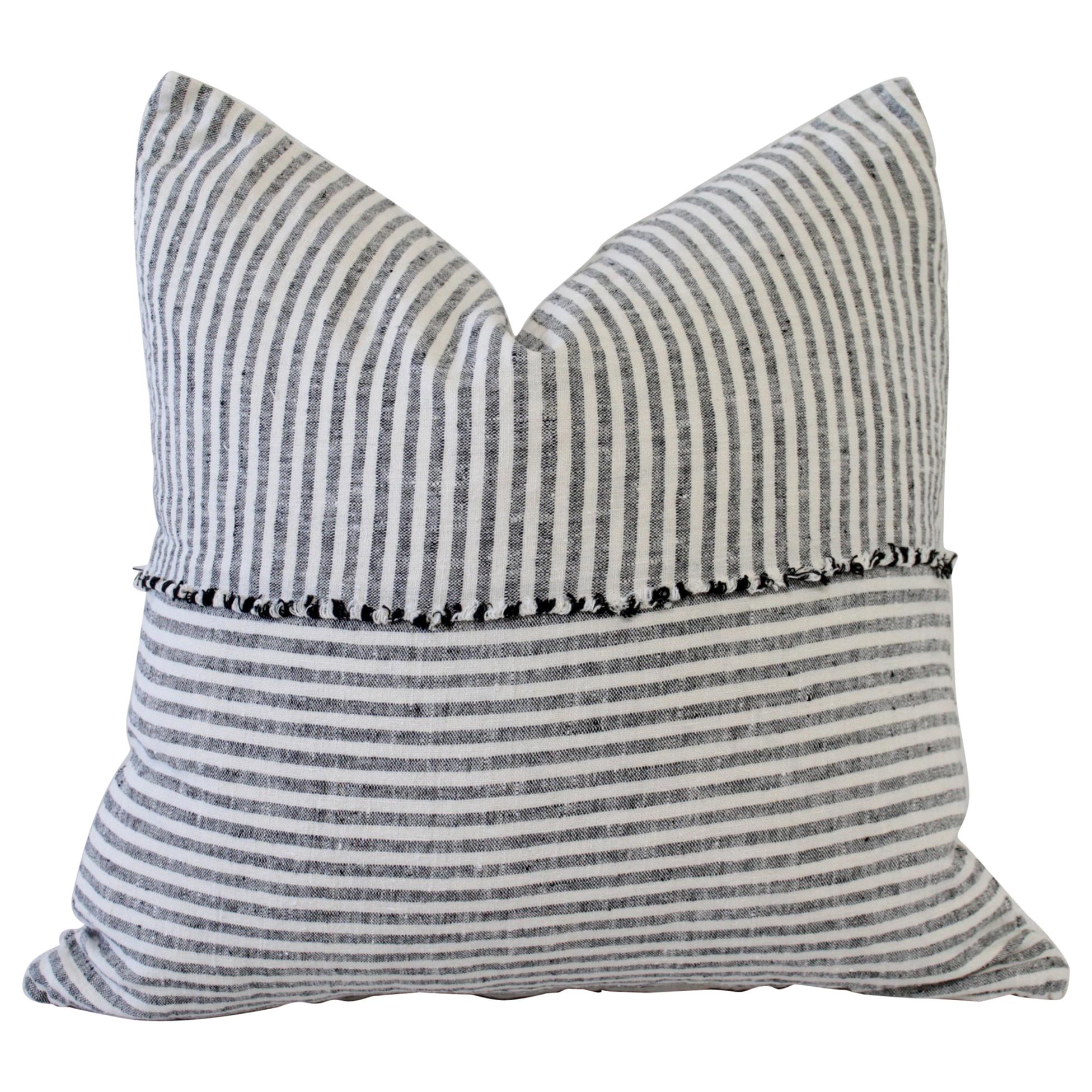Organic Linen Accent Pillows in Black and White Ticking Stripe For Sale