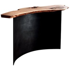 Organic Live Edge Elm Console Table with Curved Patina Steel Leg
