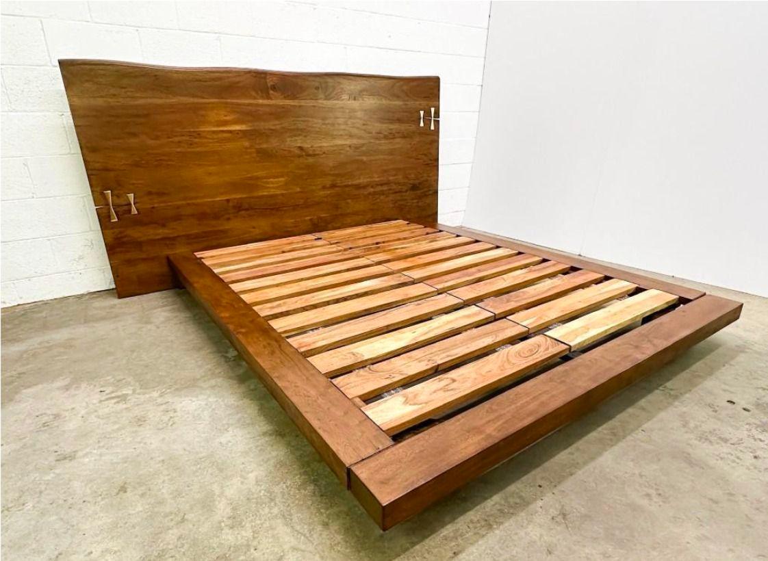 20th Century Organic Live Edge Slab Headboard Queen Platform Bed For Sale