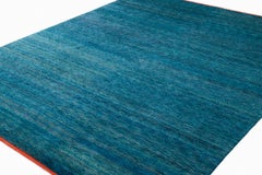 Organic Luxury Teal Blue Silk and Wool Rug with Red End Panels by Joseph Carini