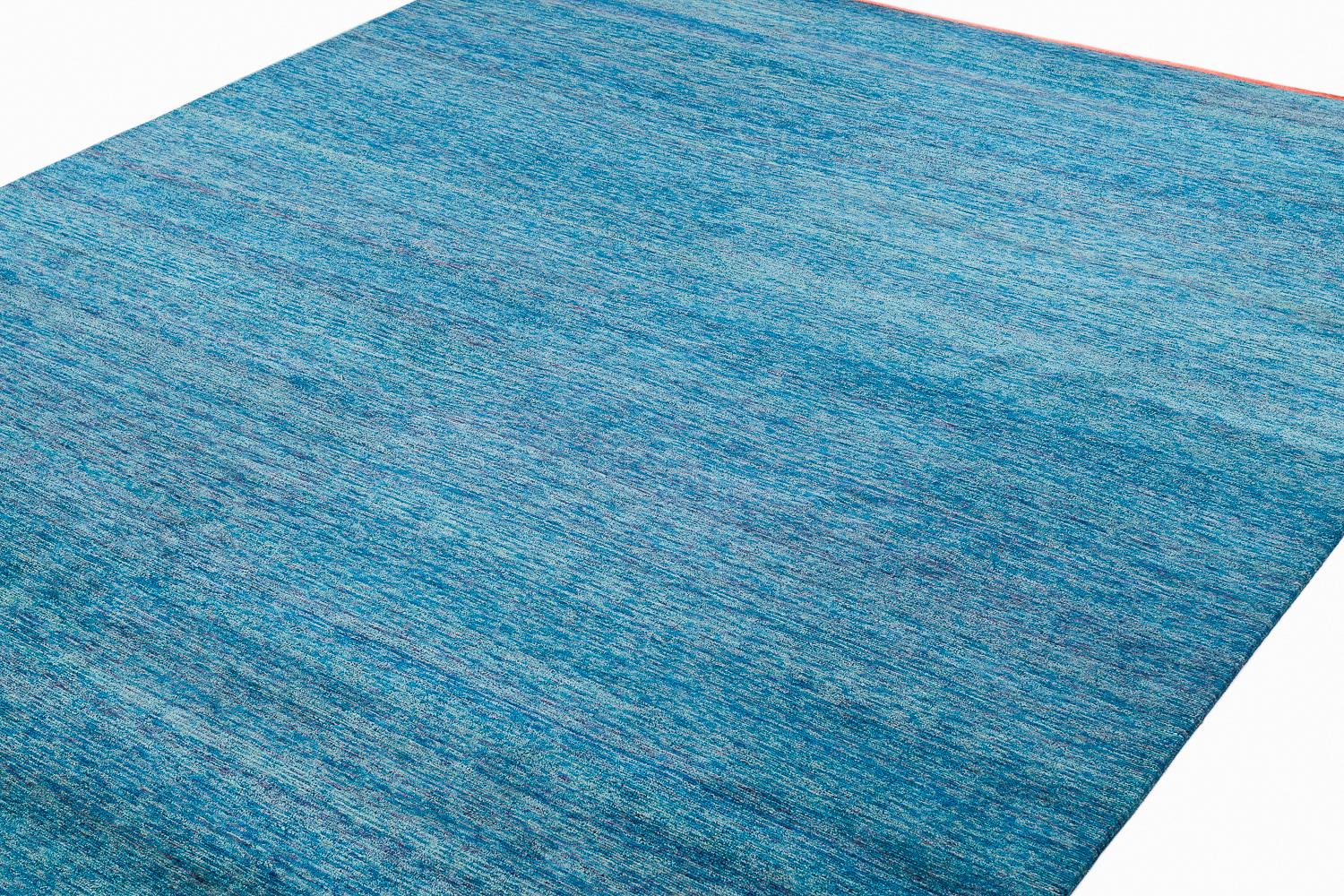 Organic Modern Organic Luxury Teal Blue Silk and Wool Rug with Red End Panels by Joseph Carini For Sale