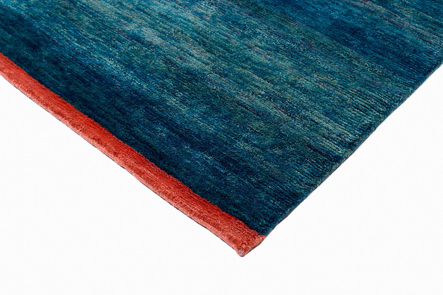 Nepalese Organic Luxury Teal Blue Silk and Wool Rug with Red End Panels by Joseph Carini For Sale