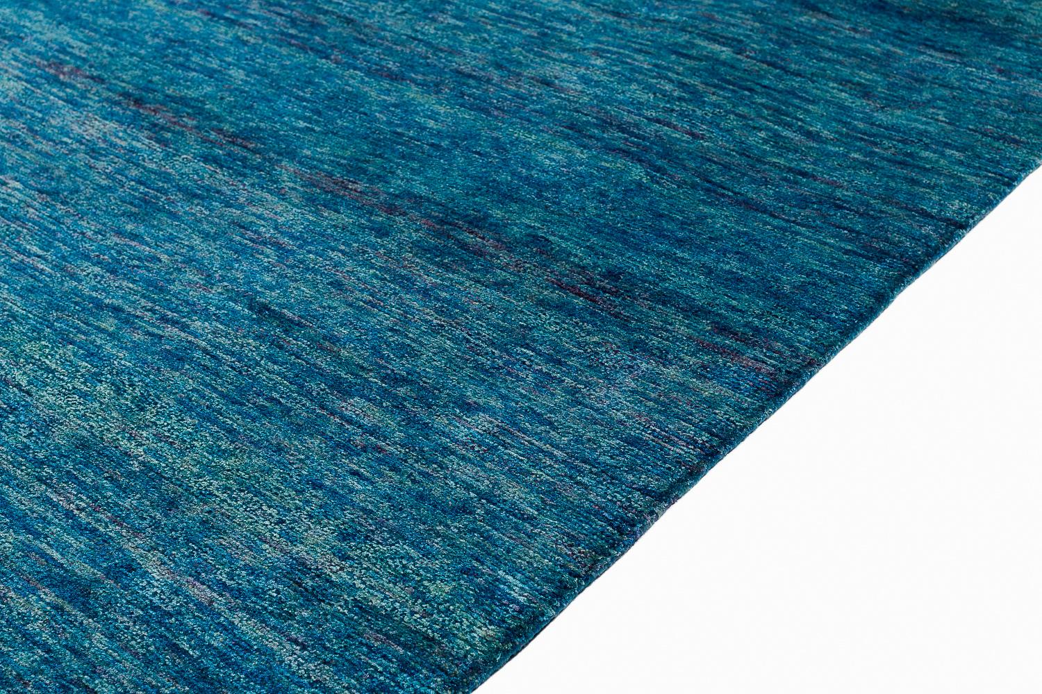 Hand-Knotted Organic Luxury Teal Blue Silk and Wool Rug with Red End Panels by Joseph Carini For Sale